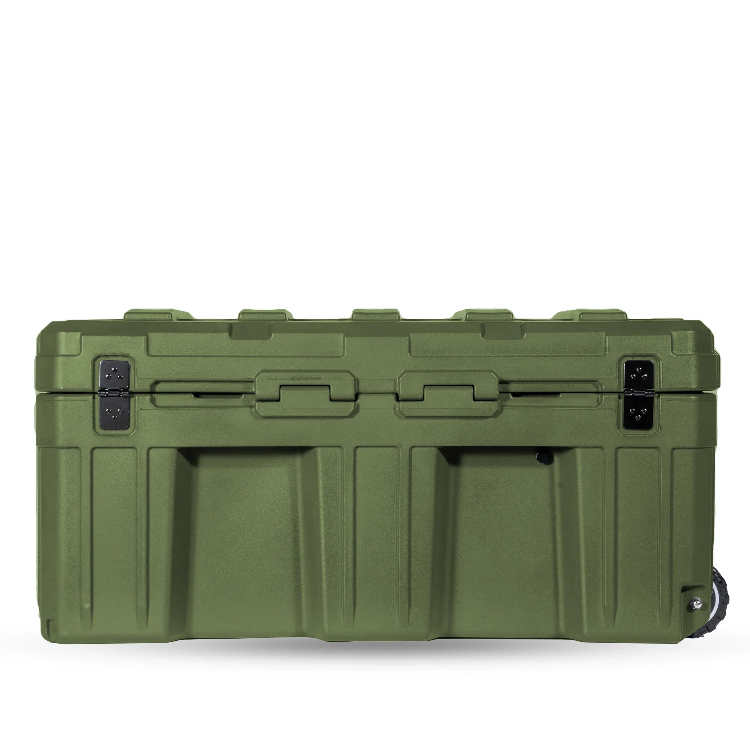 Green heavy-duty storage case with black latches for overlanding and expedition gear
