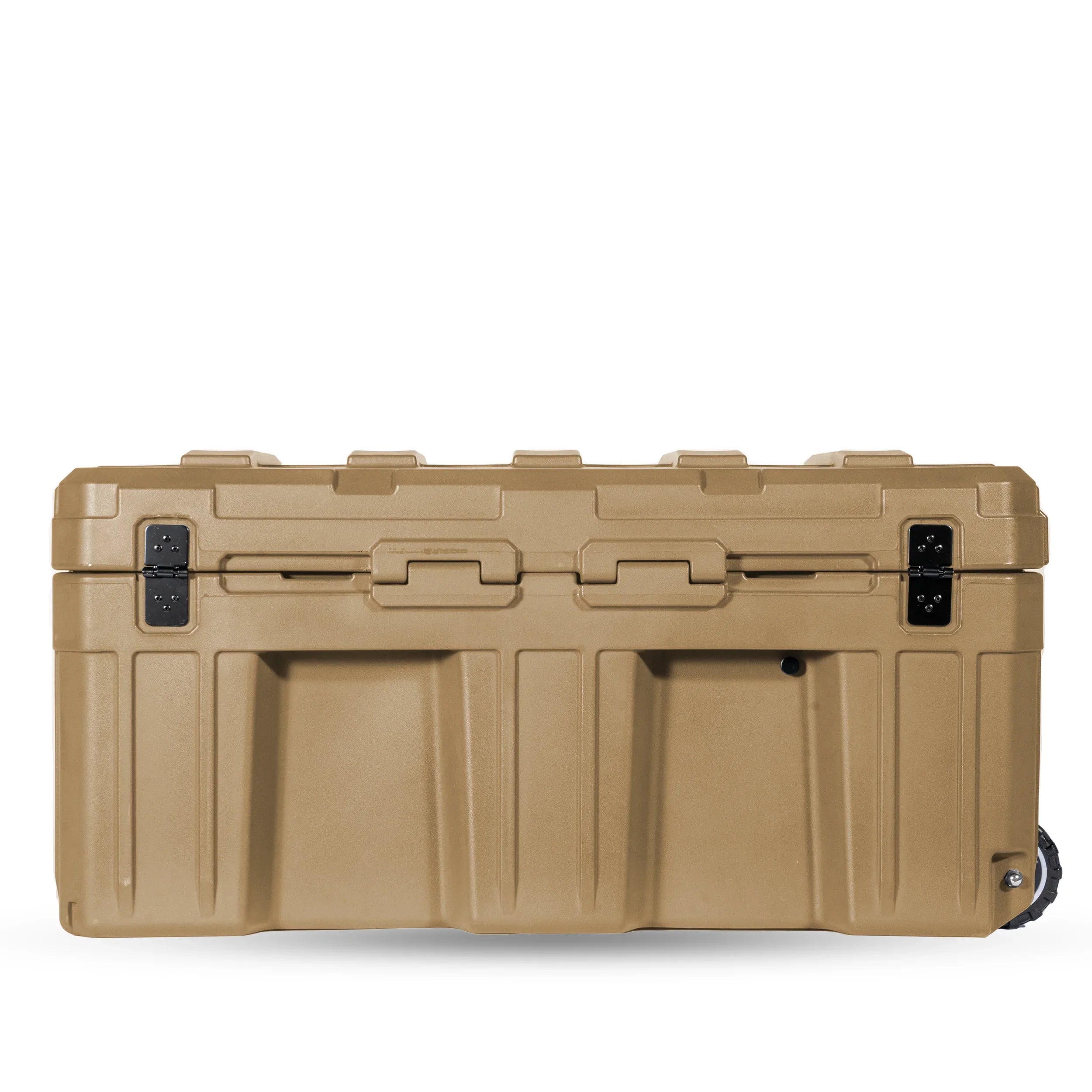 Tan hard shell overland storage case with latches and rugged exterior, rear view