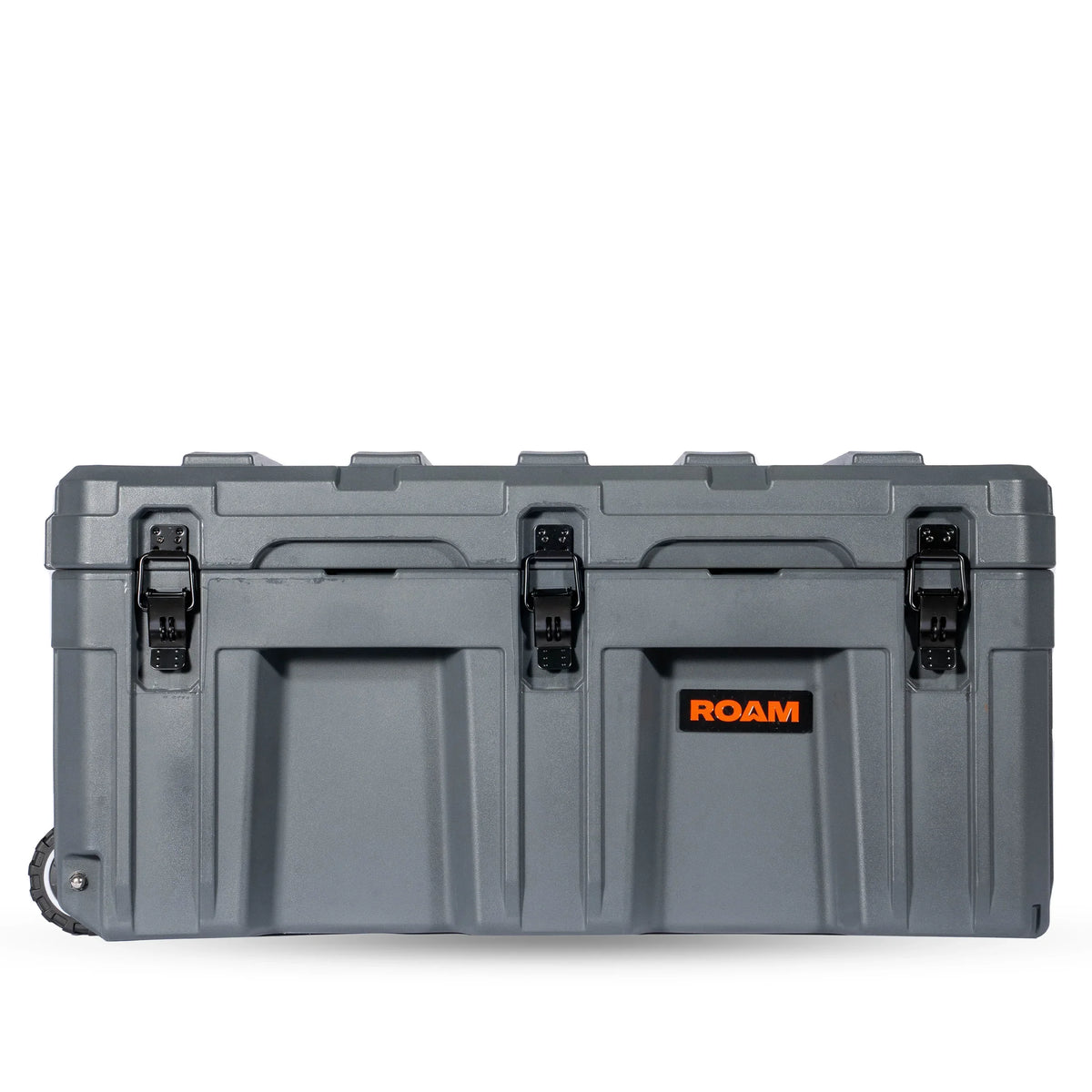 Large rugged grey storage case with wheels and latches, ideal for overlanding gear