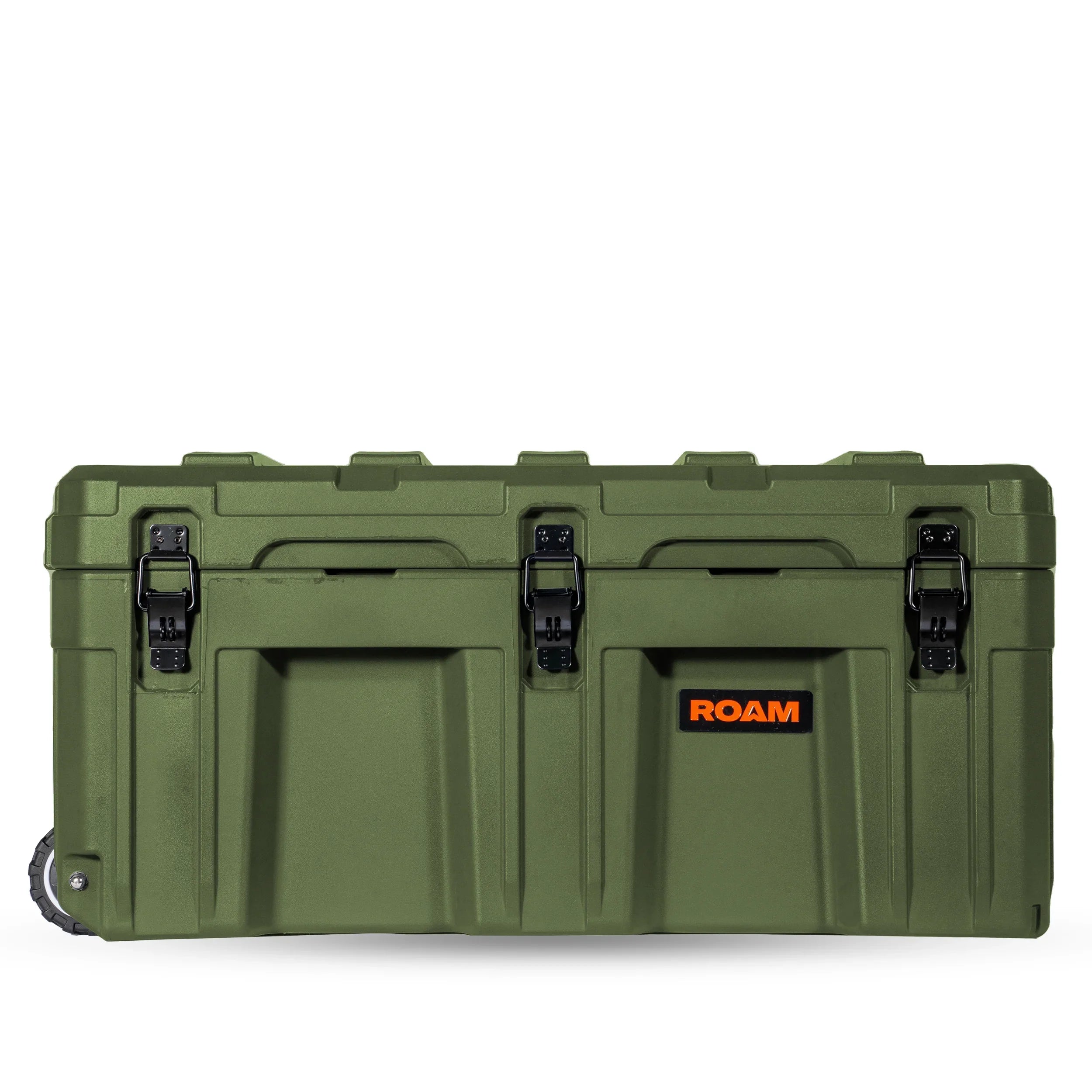 Green heavy-duty adventure storage case with black latches and ROAM logo, ideal for overlanding