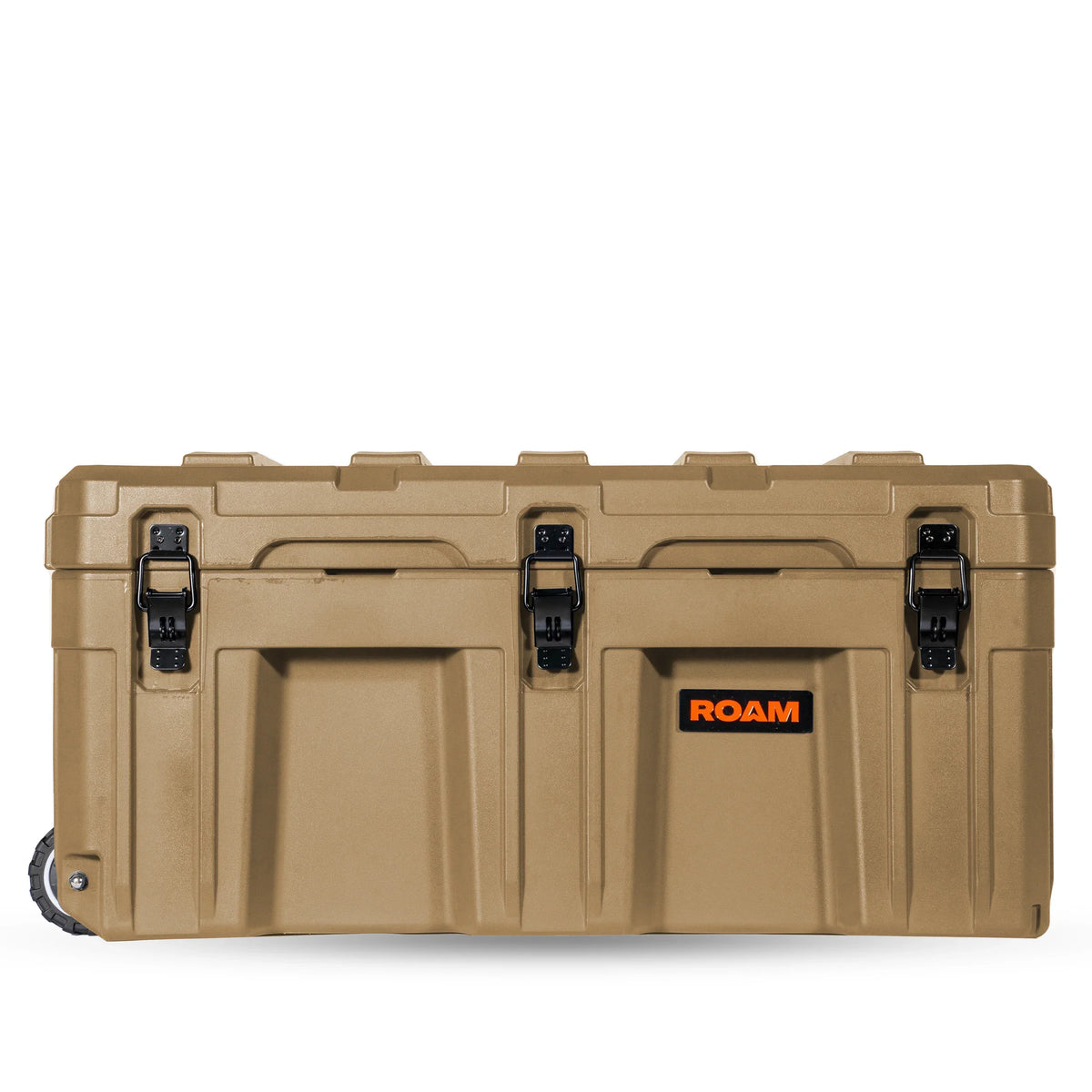 Tan heavy-duty storage case with black latches, rugged design, and ROAM logo for overlanding gear