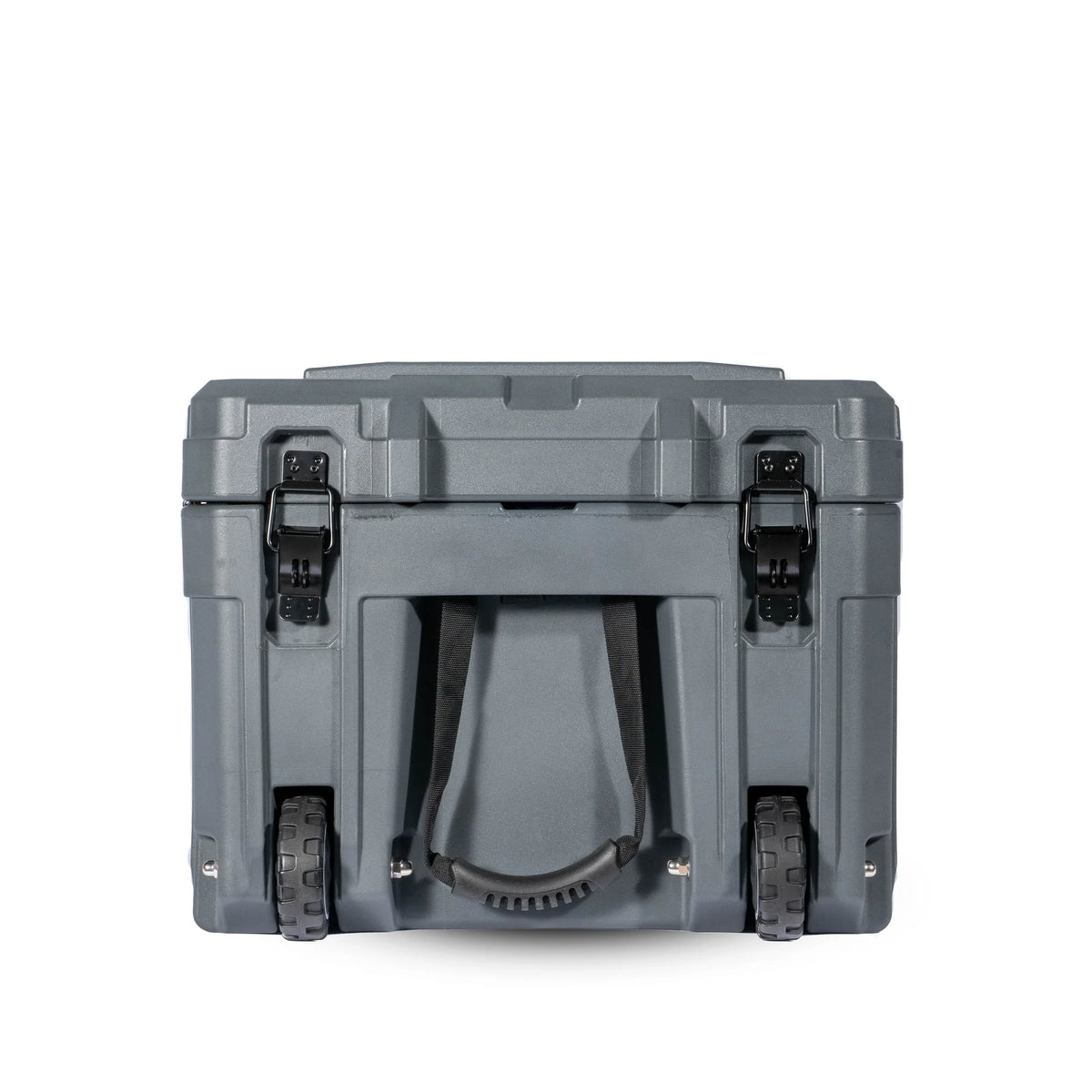 Rugged gray rolling storage case with black latches and handle for camping or overlanding gear