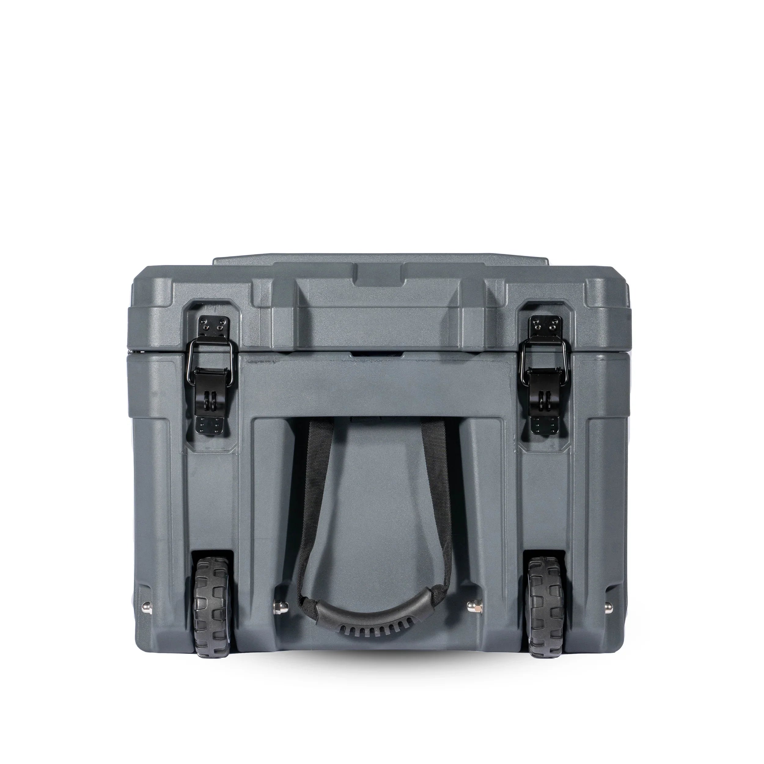 Rugged gray rolling storage case with black latches and handle for camping or overlanding gear