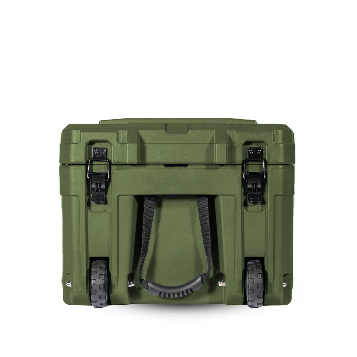 Green rugged rolling storage case with wheels and latches, ideal for overlanding gear.