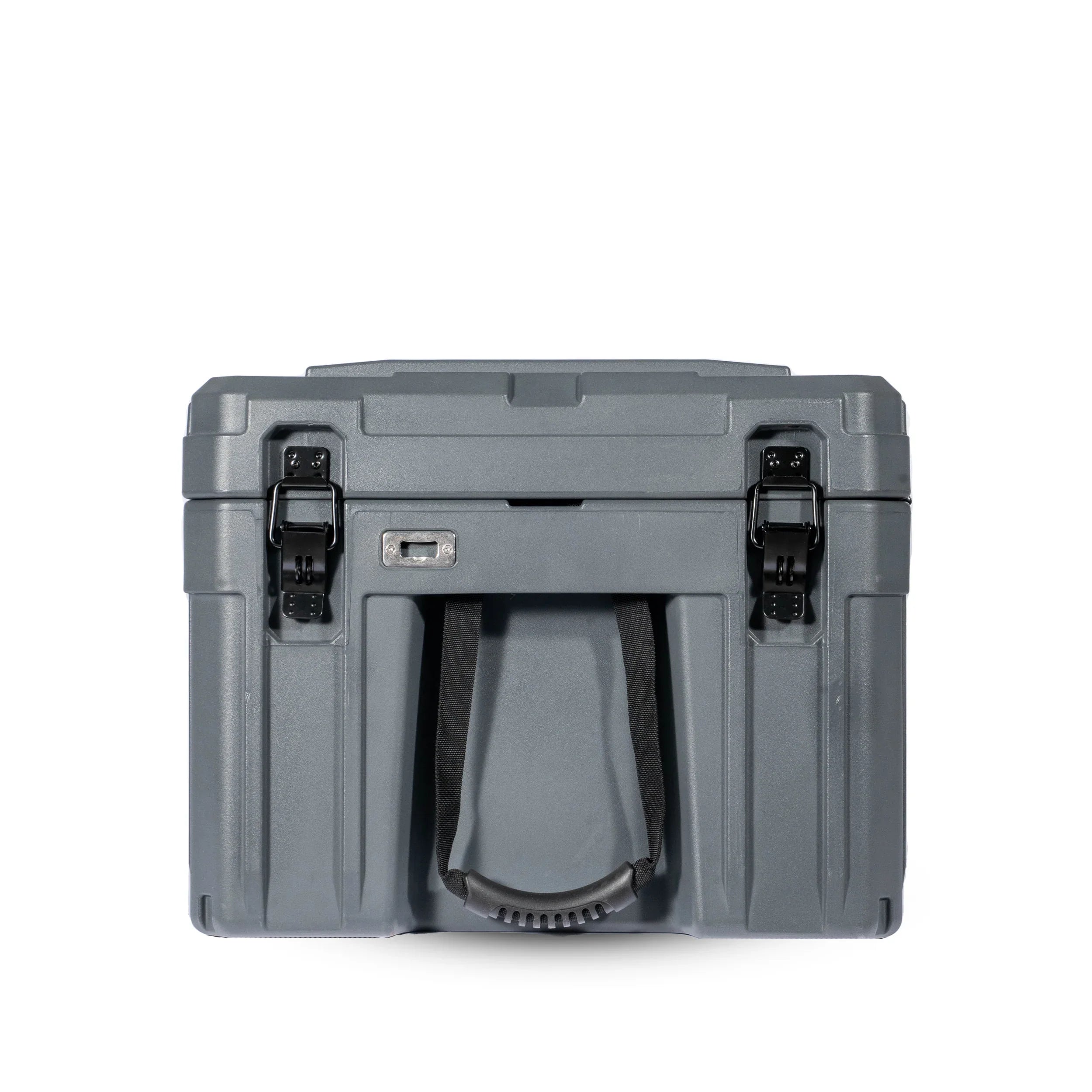 Heavy-duty gray expedition storage box with secure black latches and carry handle