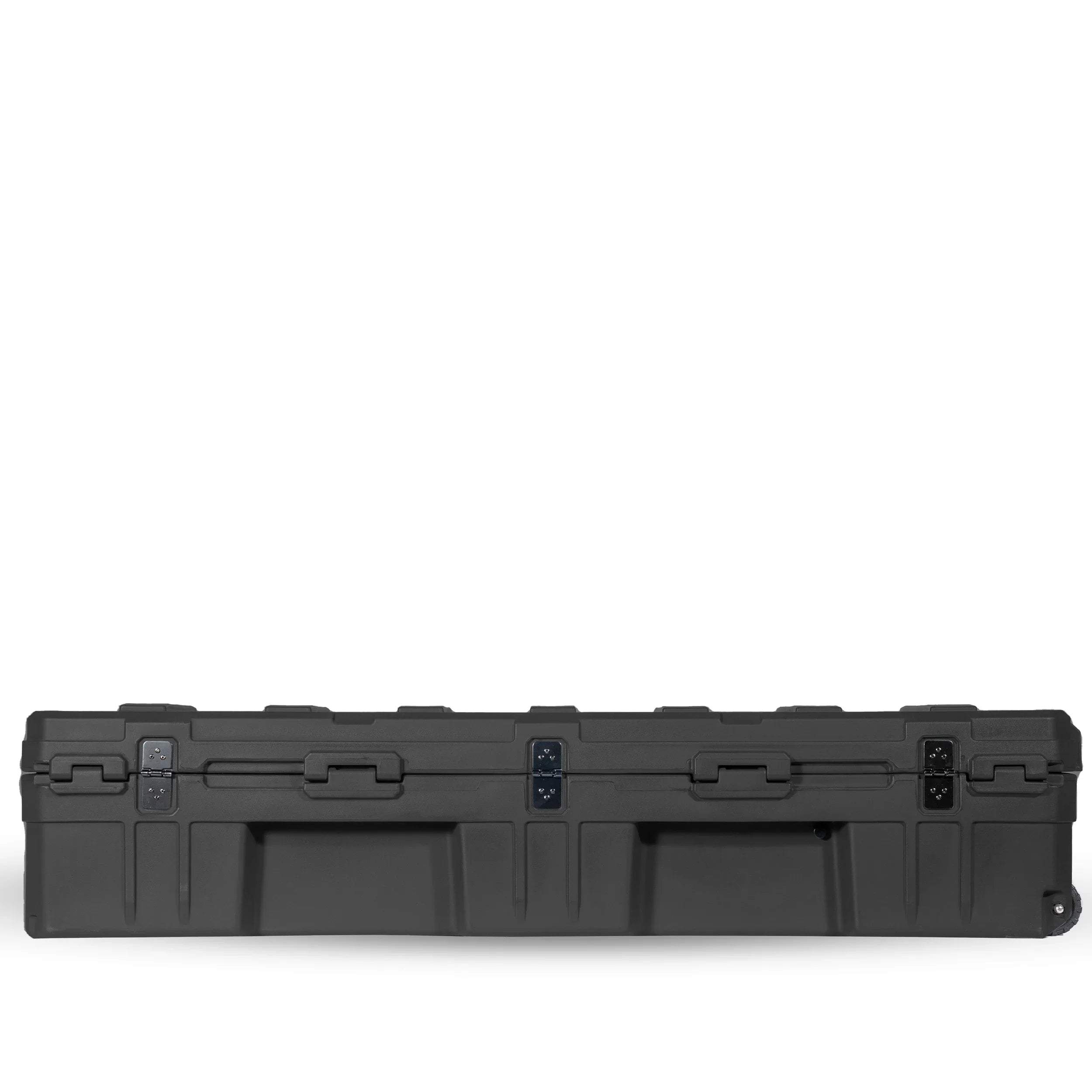 Black heavy-duty rooftop cargo storage box with secure latches for overlanding vehicles