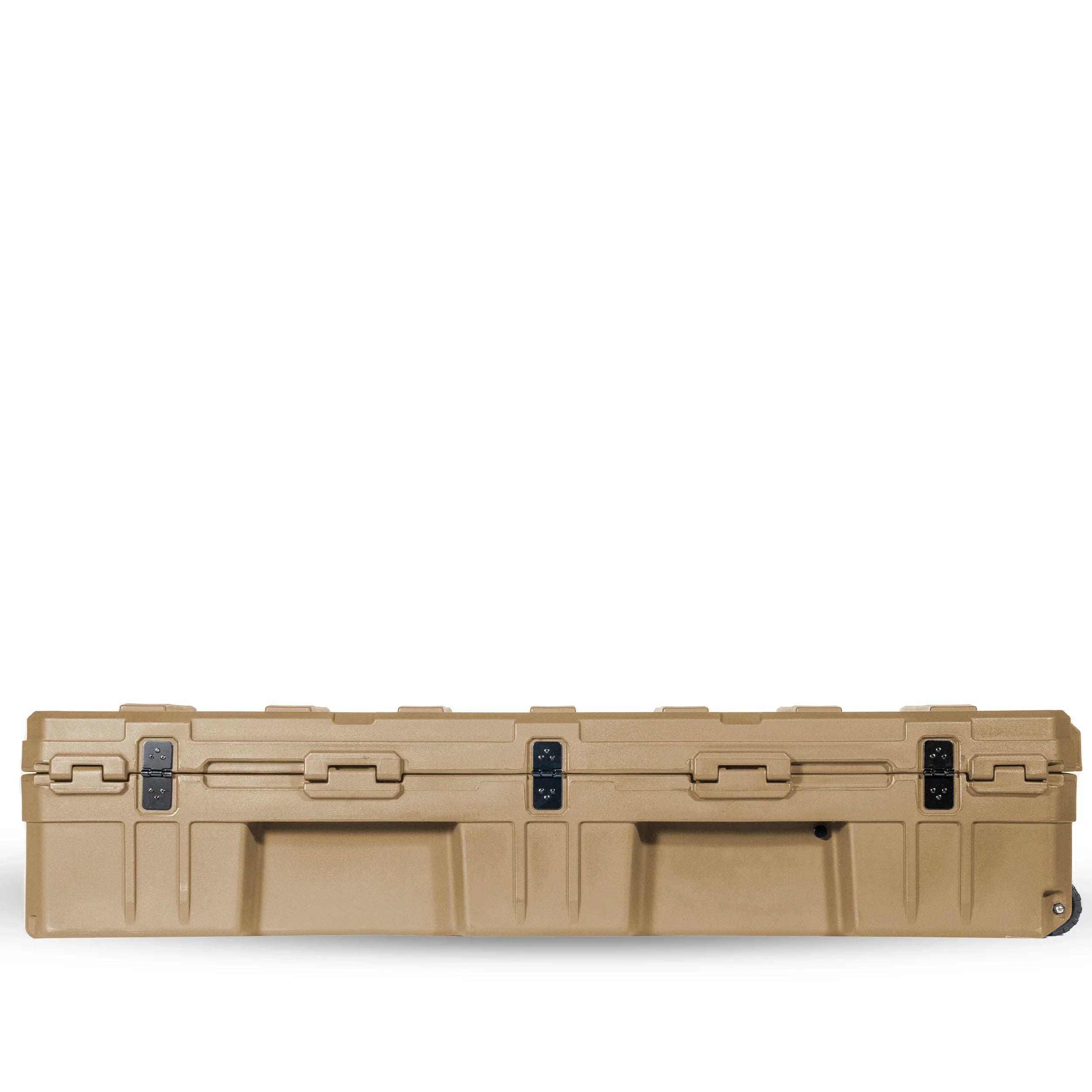 Tan hard storage case with latches, ideal for overlanding and camping gear organization