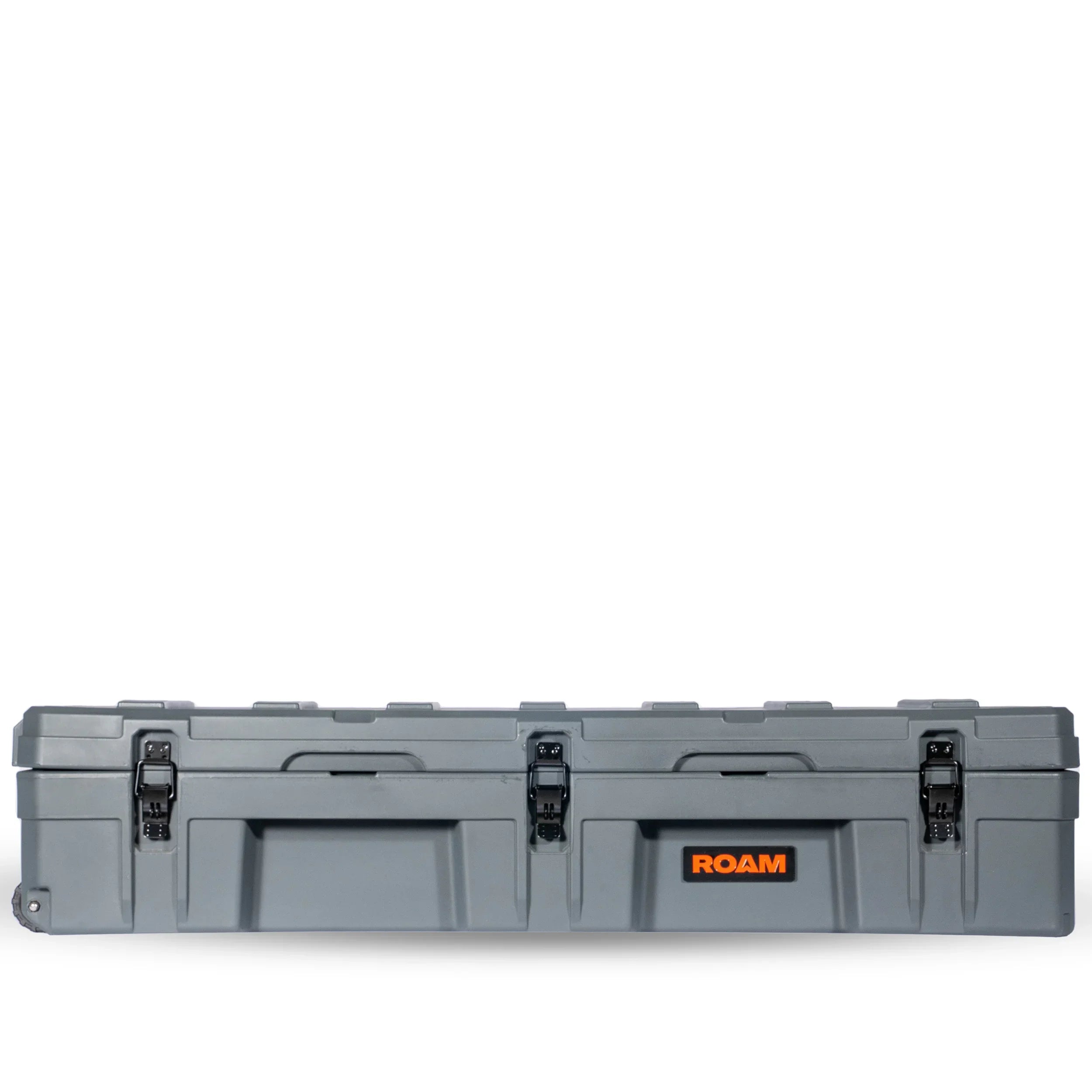 Gray hard storage case for overlanding gear with black latches and orange ROAM logo on front