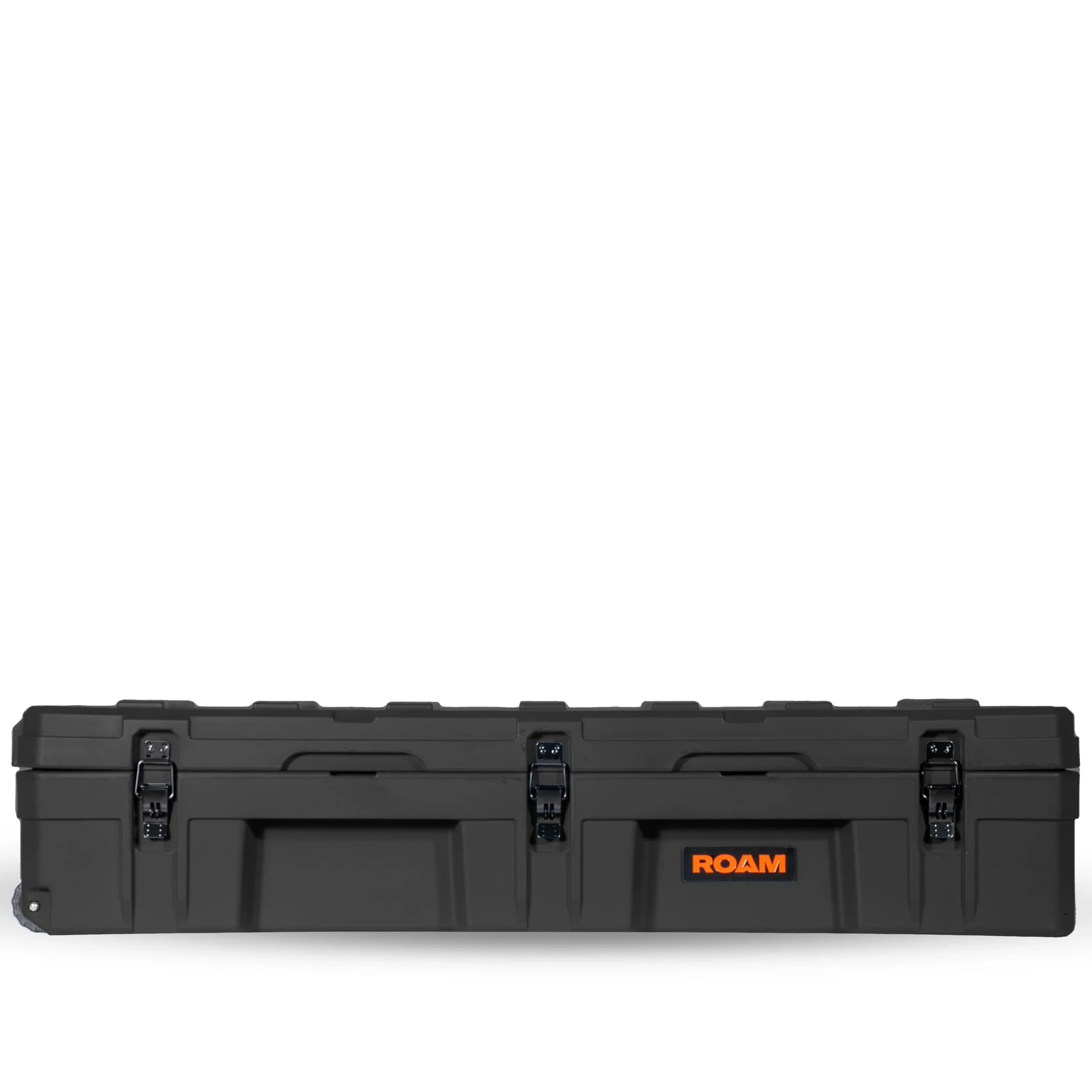 Black heavy-duty rooftop storage box with latches, orange ROAM logo, for overlanding gear