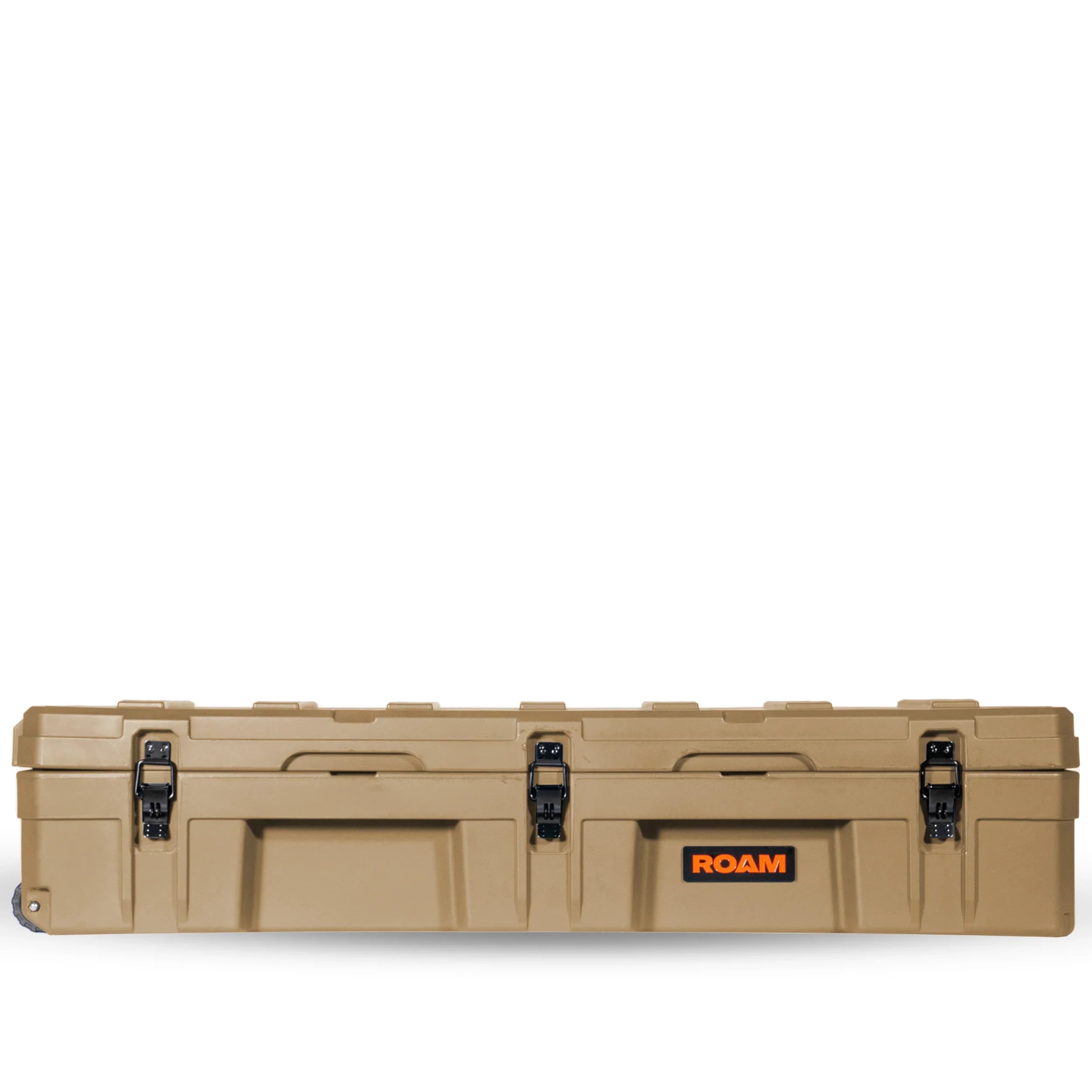 Tan heavy-duty rooftop cargo storage case with secure latches for overlanding vehicles