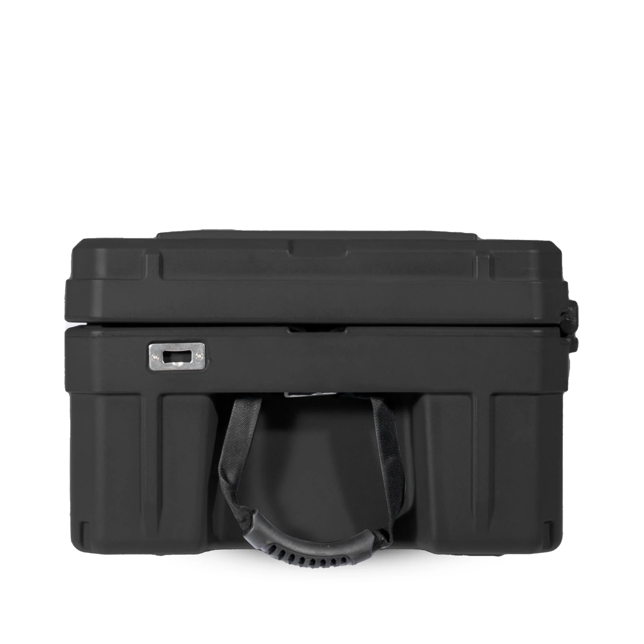 Black rugged storage box with handle, ideal for overlanding and camping gear