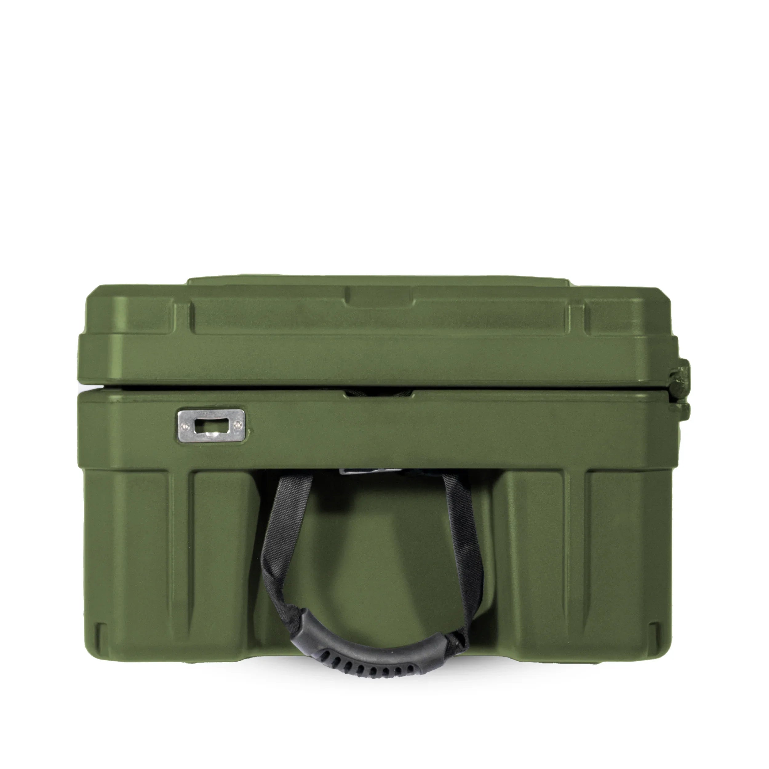 Green hard storage case with black handle for overlanding and expedition camping gear