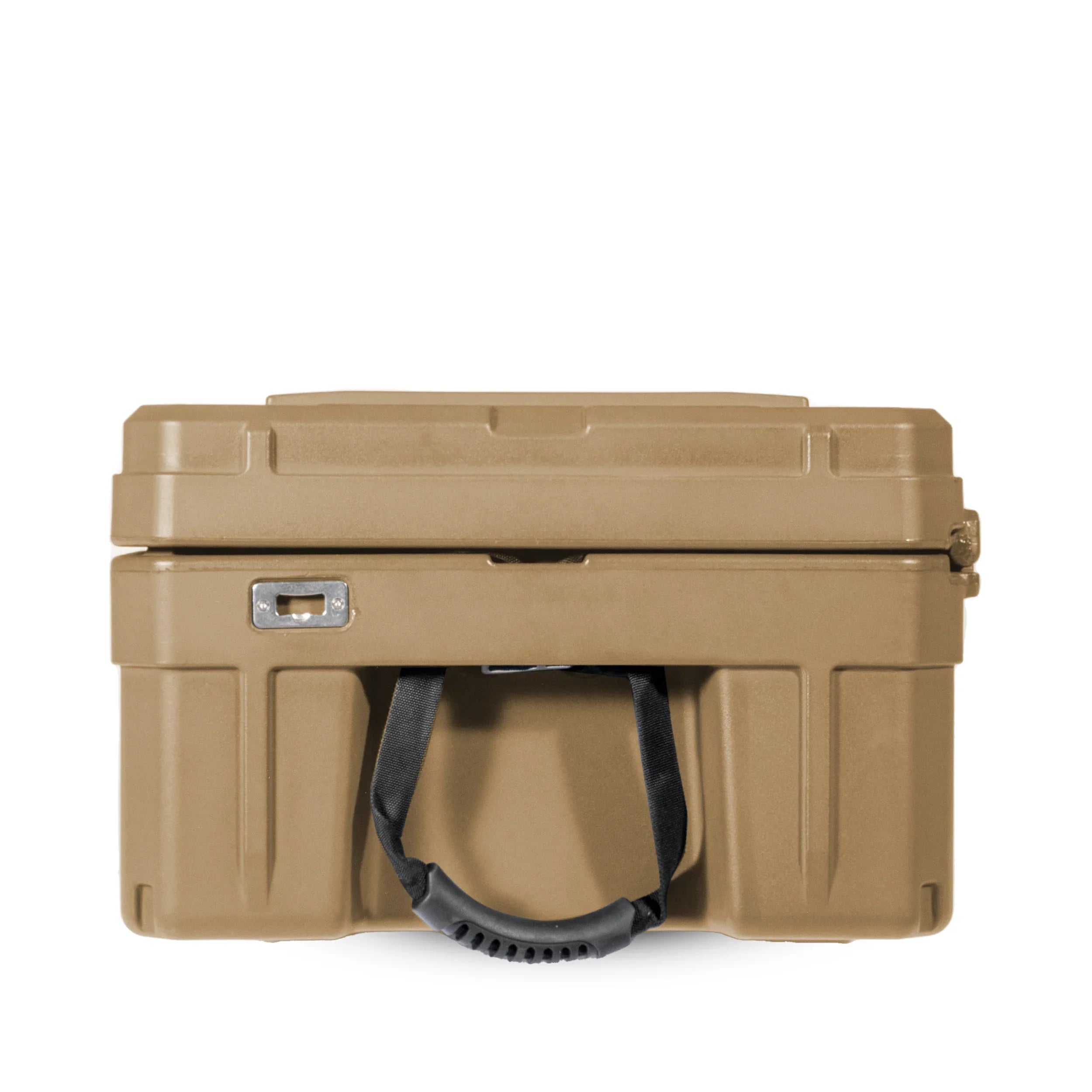 Tan overlanding storage box with carry handle, rugged plastic case for expedition camping gear