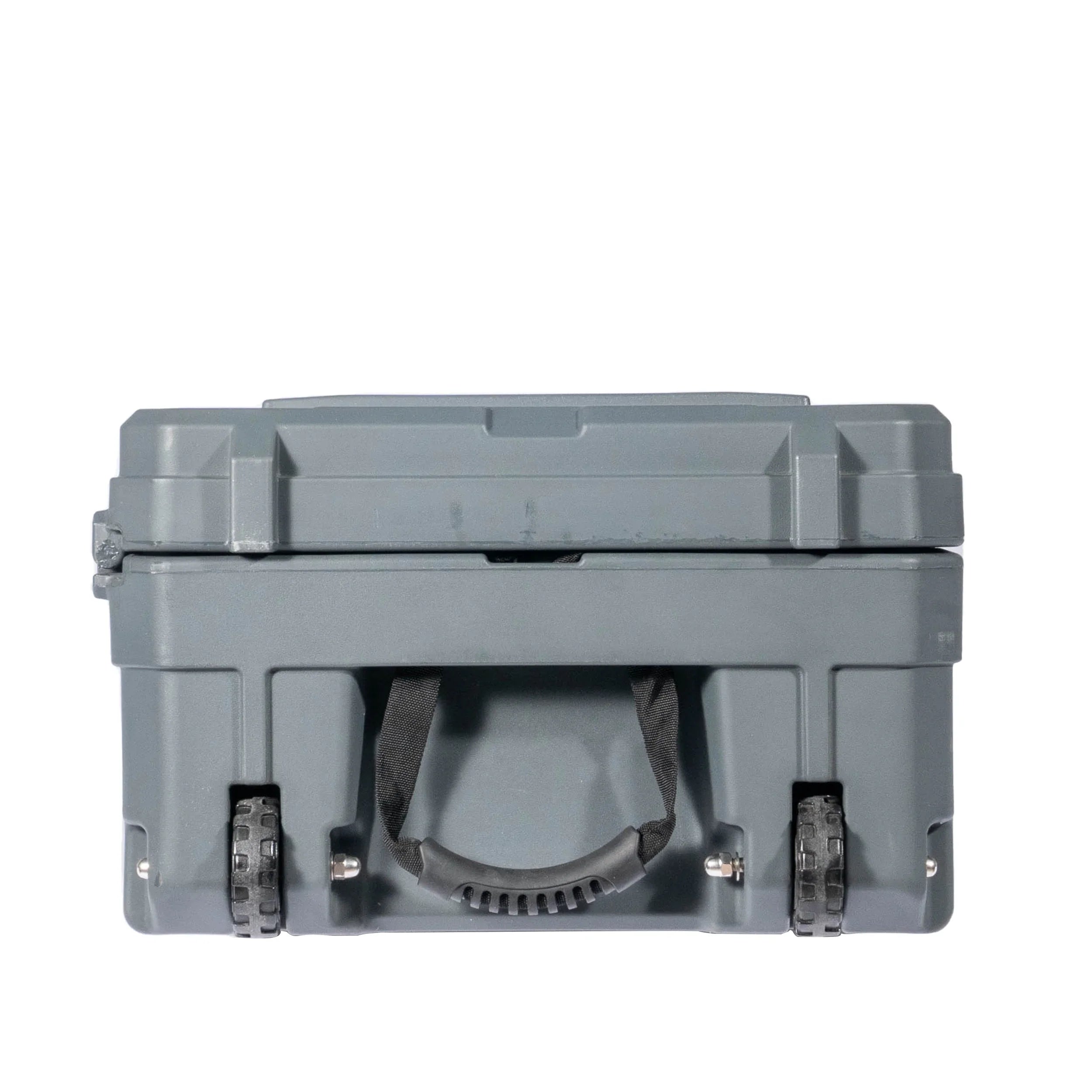 Rugged gray hard shell storage case with wheels and handle for overlanding gear