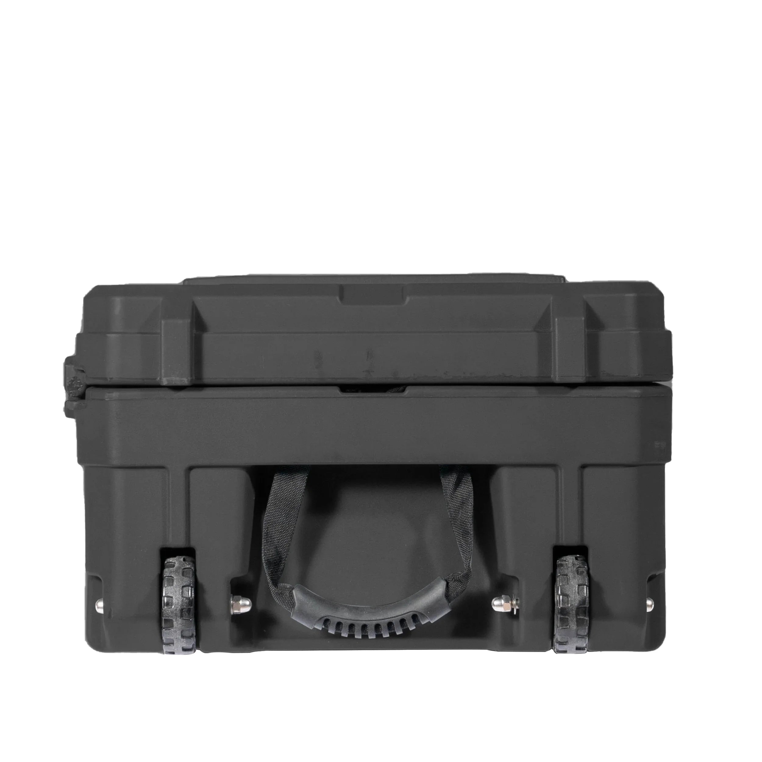 Black rugged storage case with wheels and handle for overlanding and expedition gear
