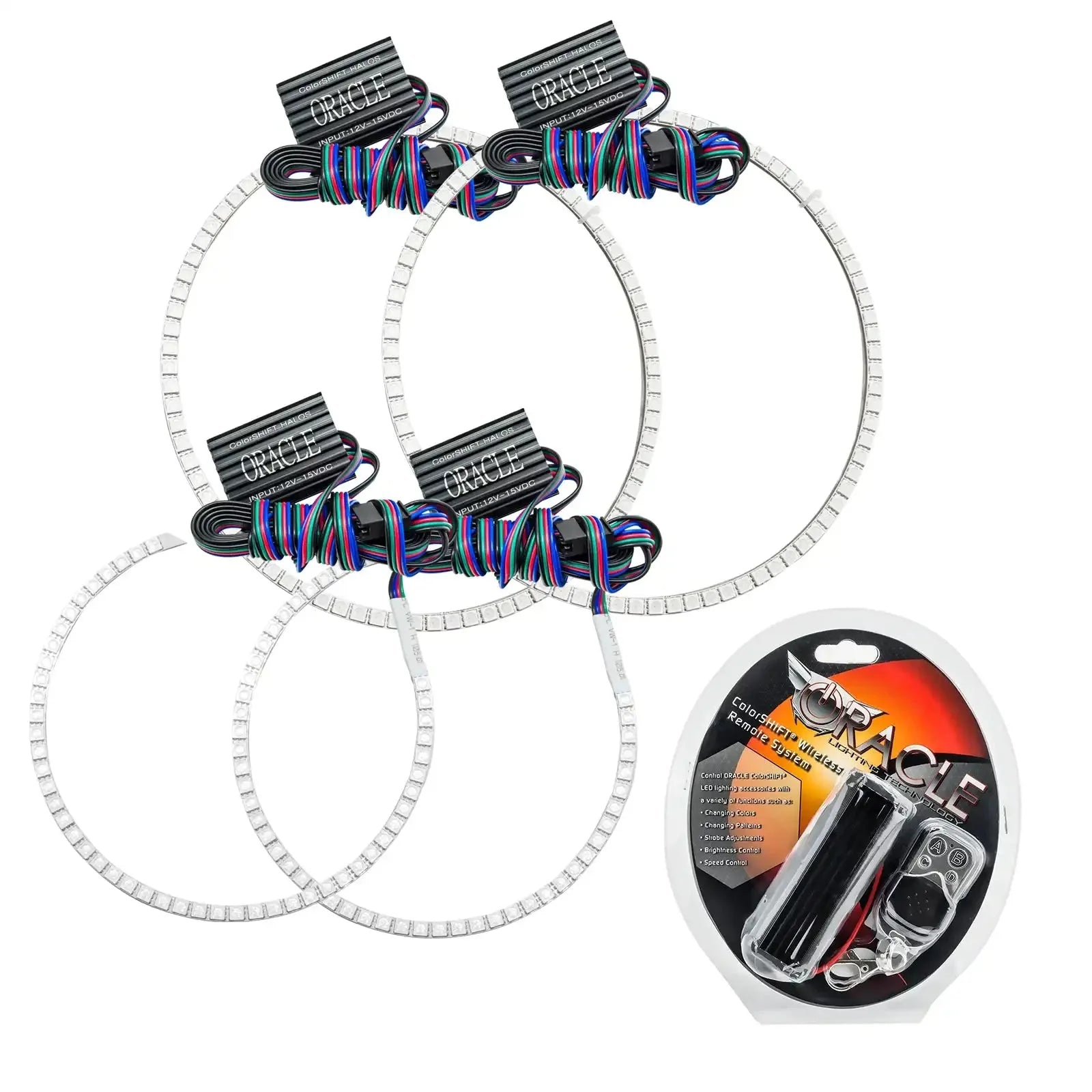 LED halo headlight rings with wiring harness and remote control kit for off-road vehicles