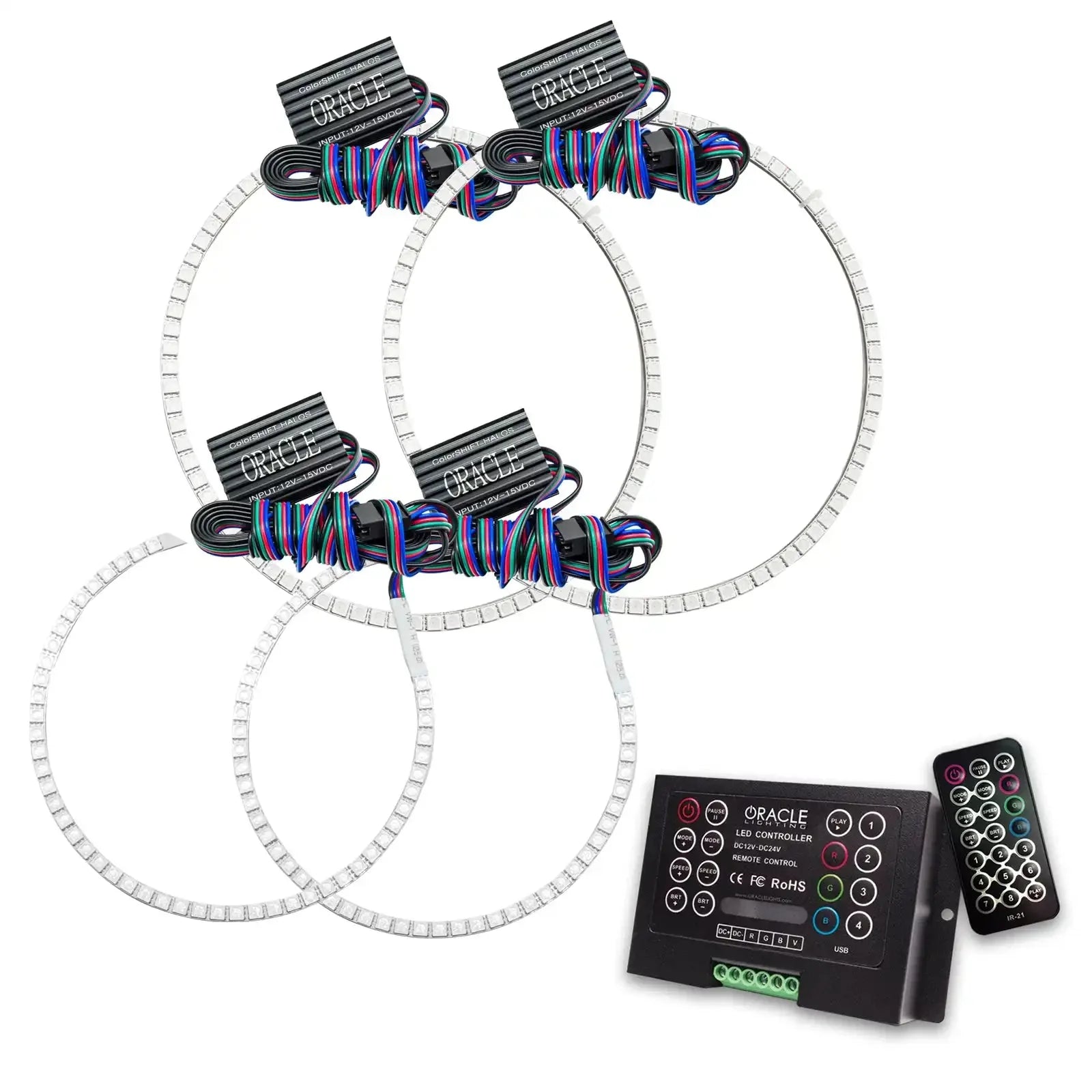 RGB LED halo headlight rings with wiring, controller box, and remote for off-road vehicles