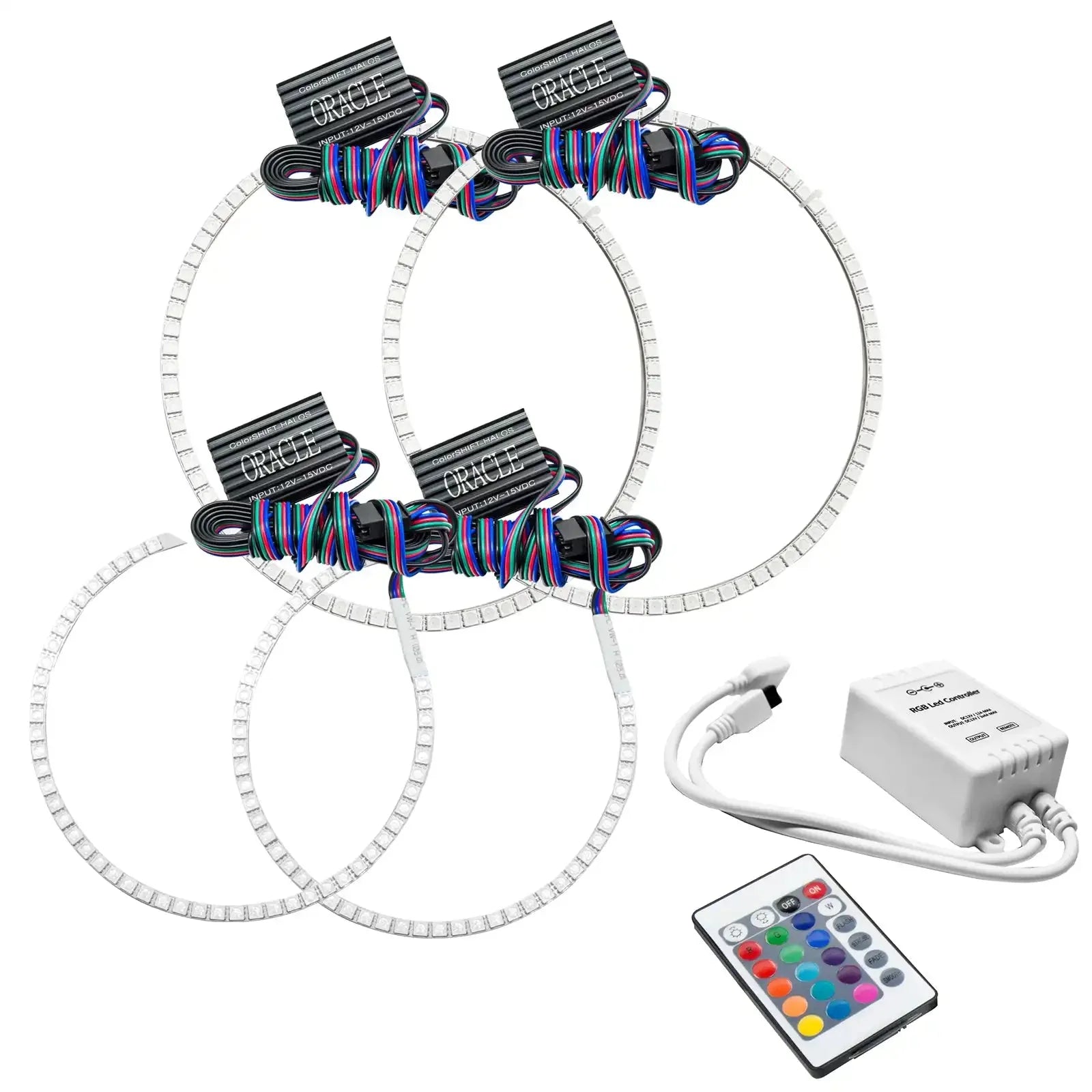 RGB LED halo ring light kit with wiring, remote control, and control box for vehicle headlights