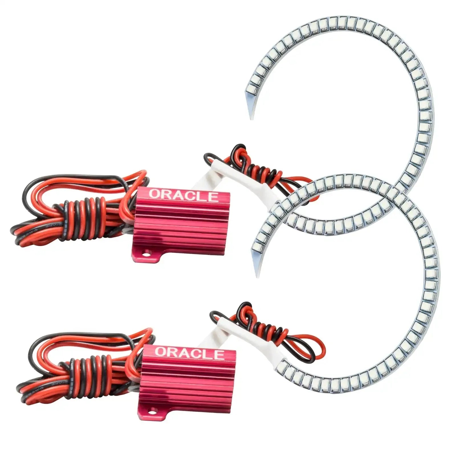 LED halo headlight rings with red ORACLE resistor units and wiring for off-road vehicles