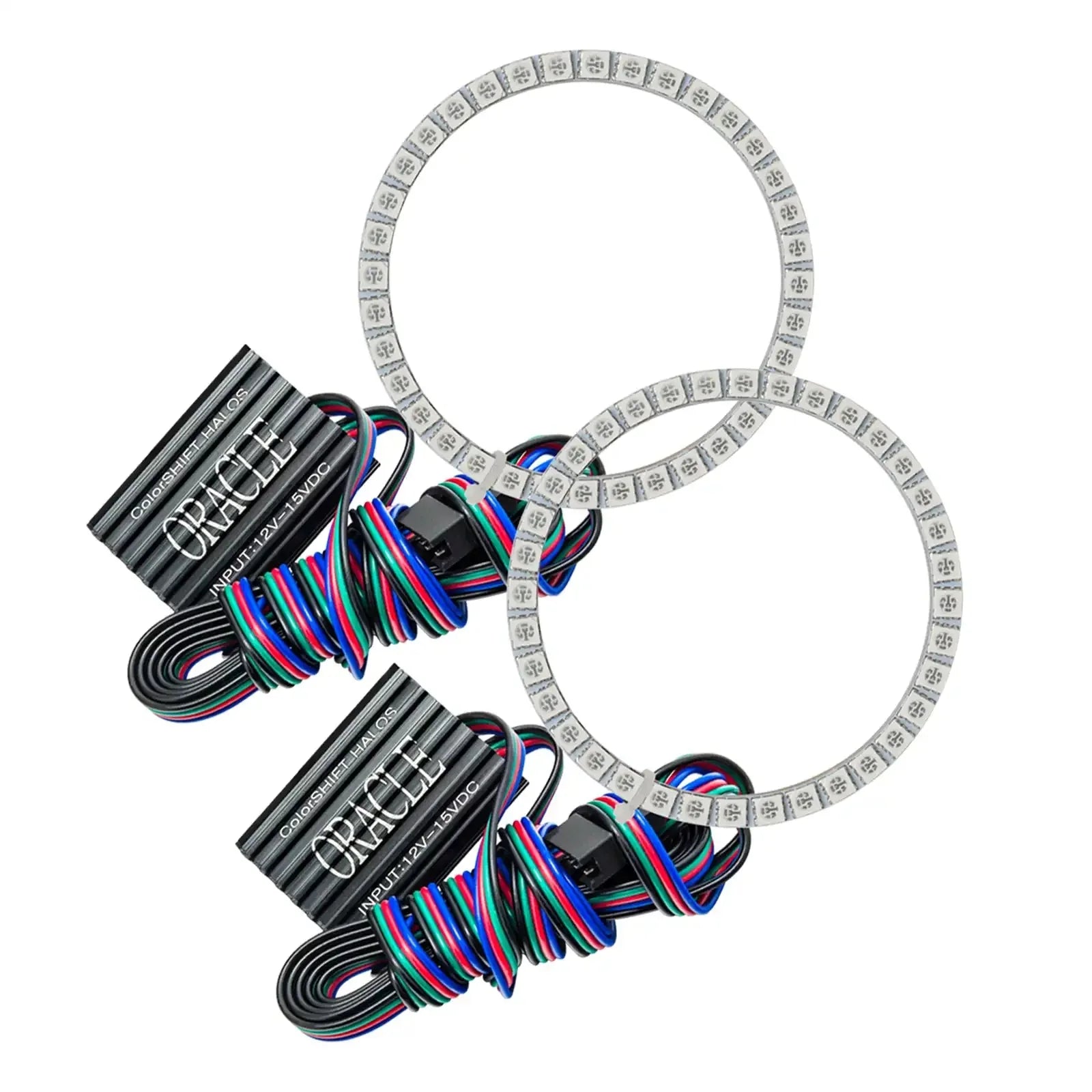 Pair of RGB LED halo rings with wiring kits for off-road vehicle headlights