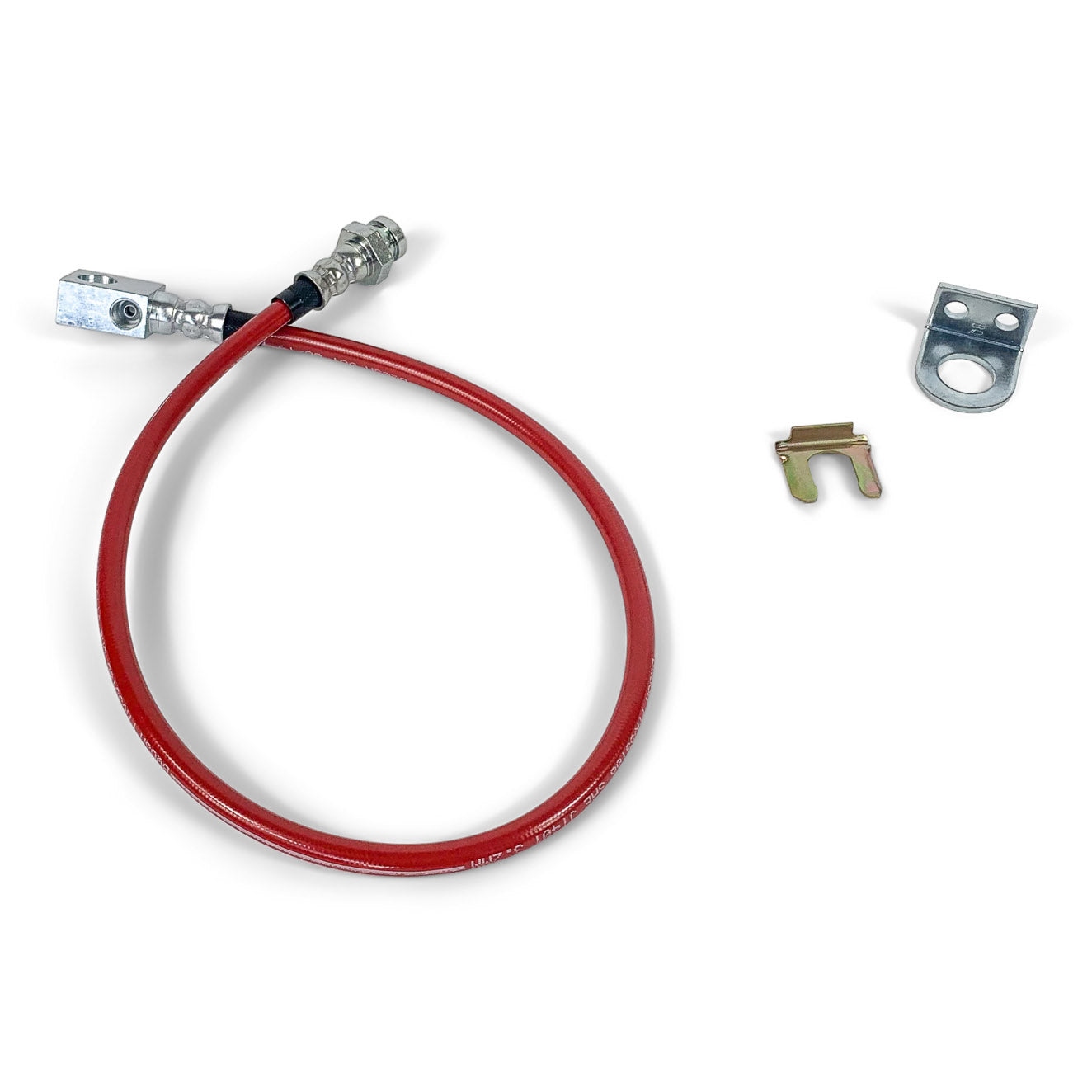 Red braided brake hose kit with mounting brackets for Toyota or Jeep off-road vehicles