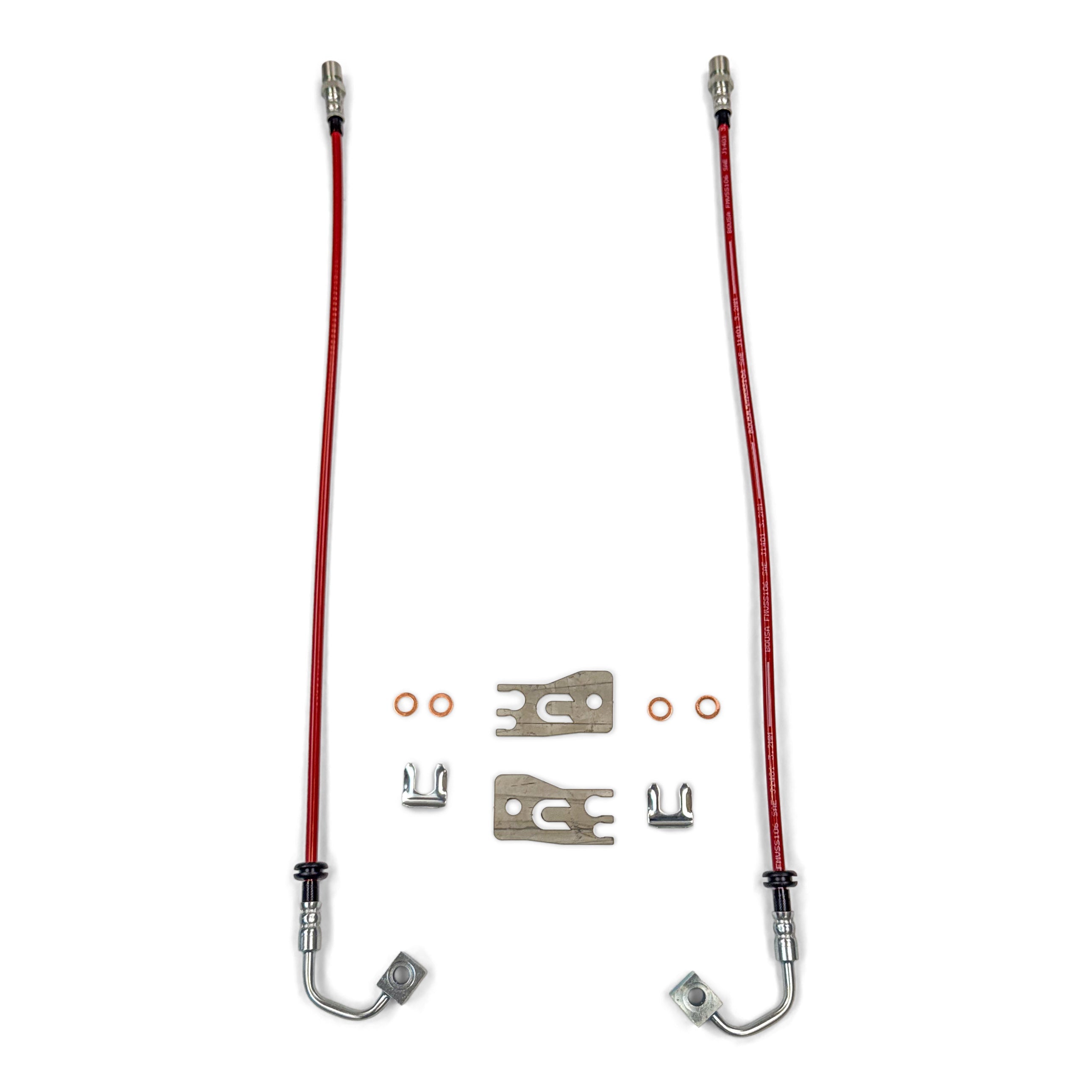 Red braided brake lines with metal fittings and mounting hardware for off-road vehicles