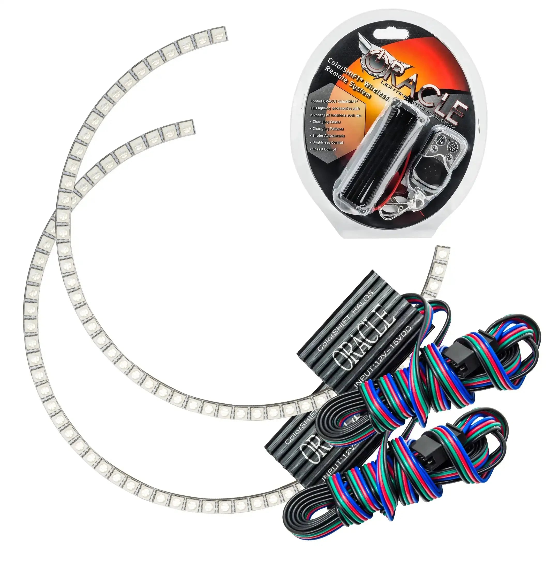 LED lighting kit with two flexible light strips, control modules, remote, and wiring for vehicles