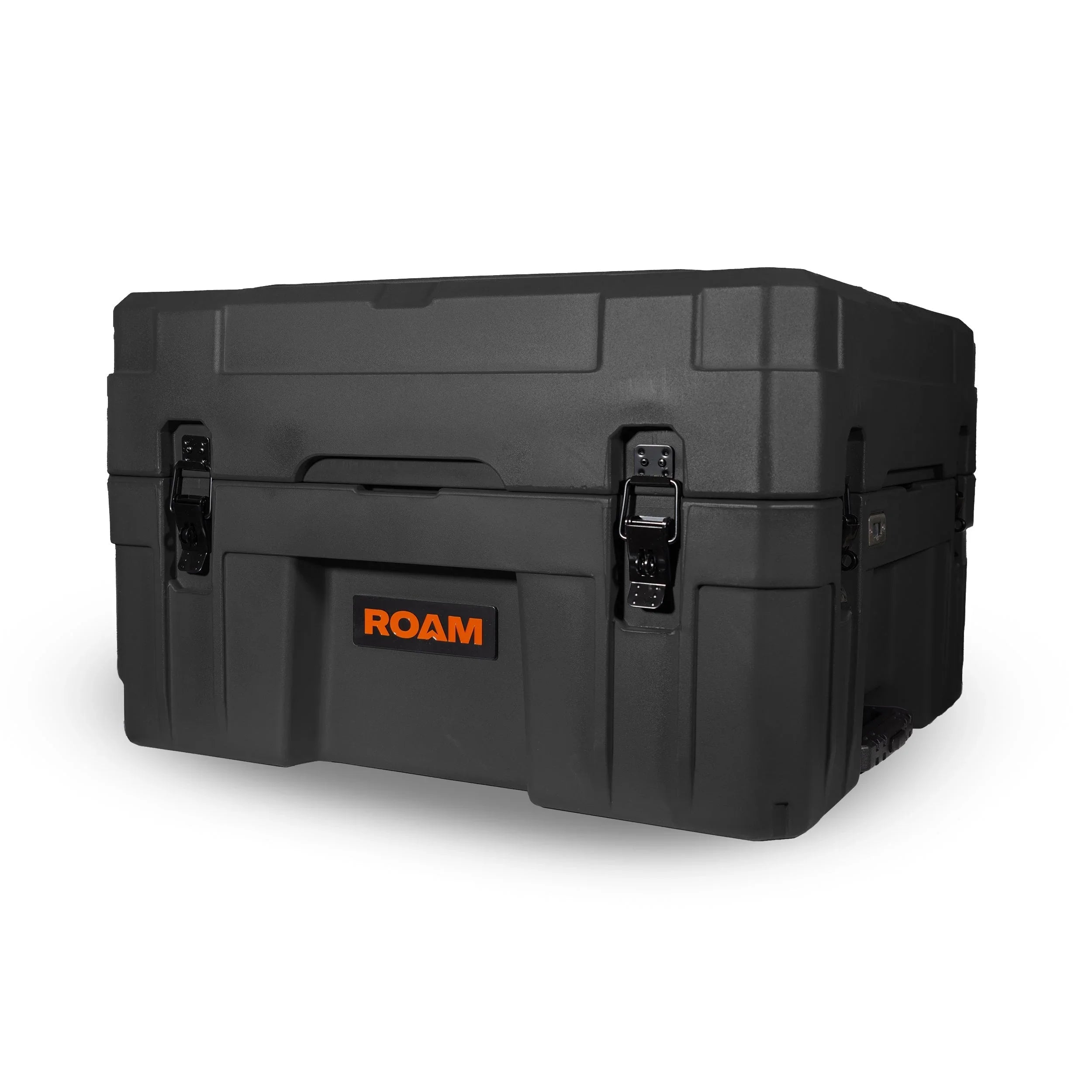 Black overland storage case with heavy-duty latches and ROAM logo, designed for adventure gear