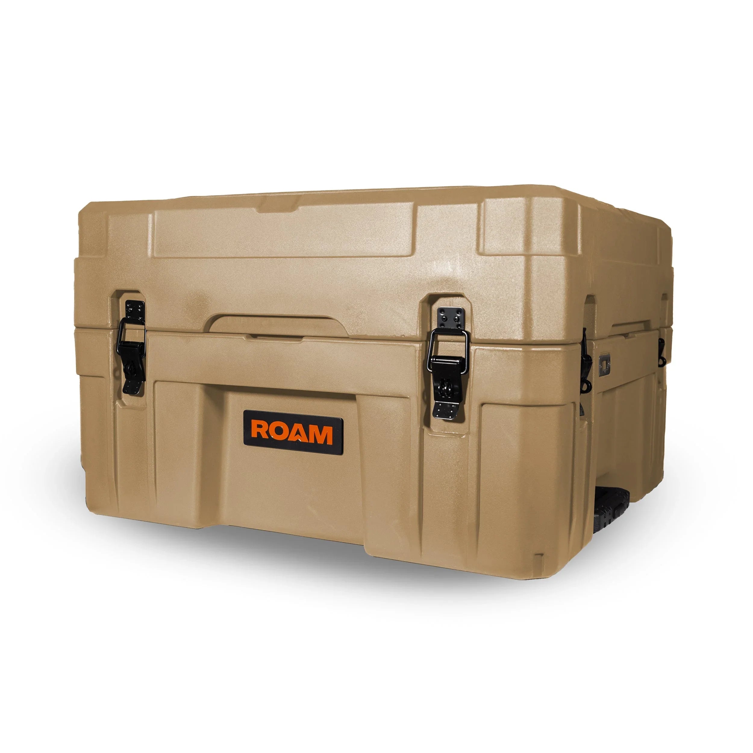 Desert tan heavy-duty overland storage case with black latches for camping gear