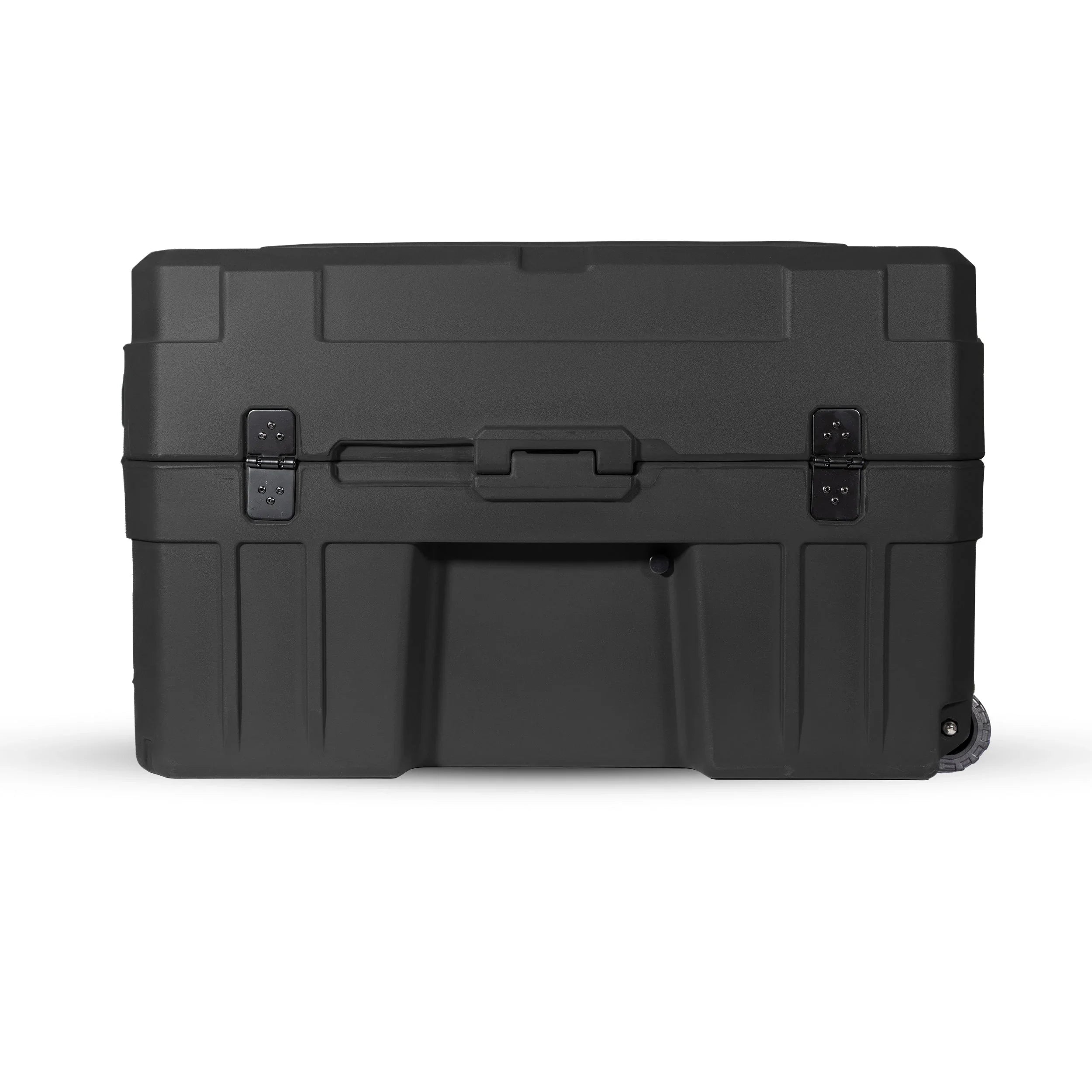 Black heavy-duty gear storage case with latches and wheels for overlanding or camping