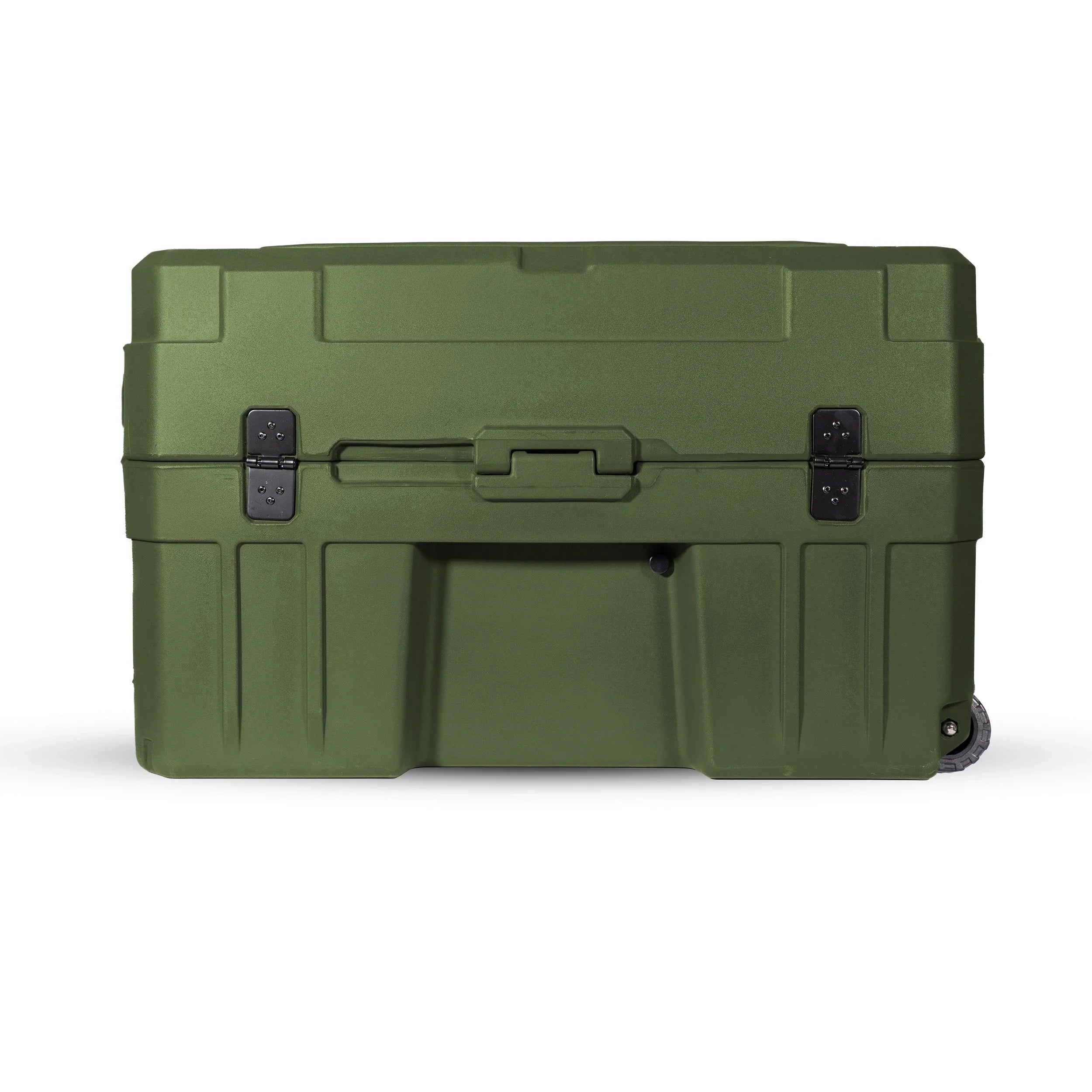 Olive green rugged storage box with wheels and latches for overlanding and camping gear