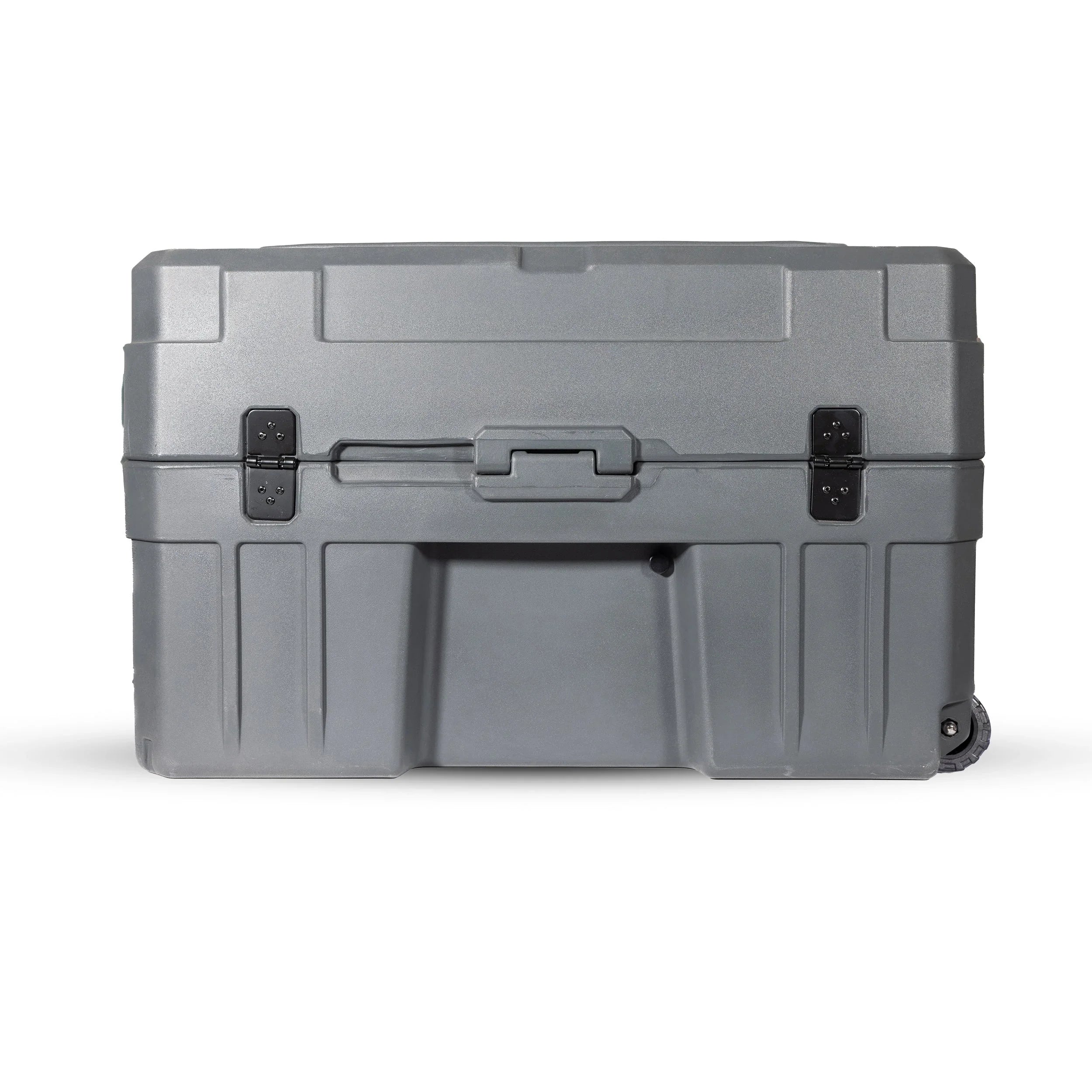 Rugged gray storage box with latches and wheels for overlanding and camping gear