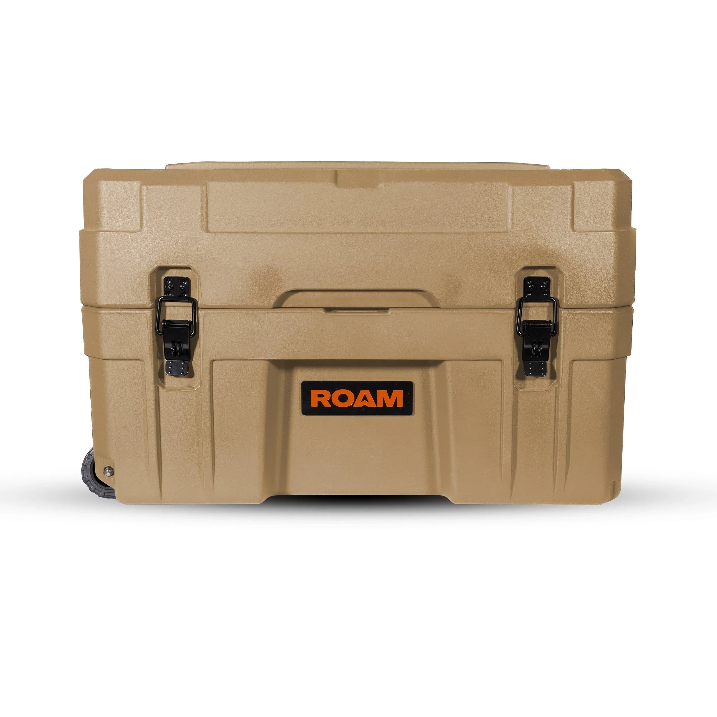 Desert tan hard storage case with black latches and ROAM logo, ideal for overlanding gear