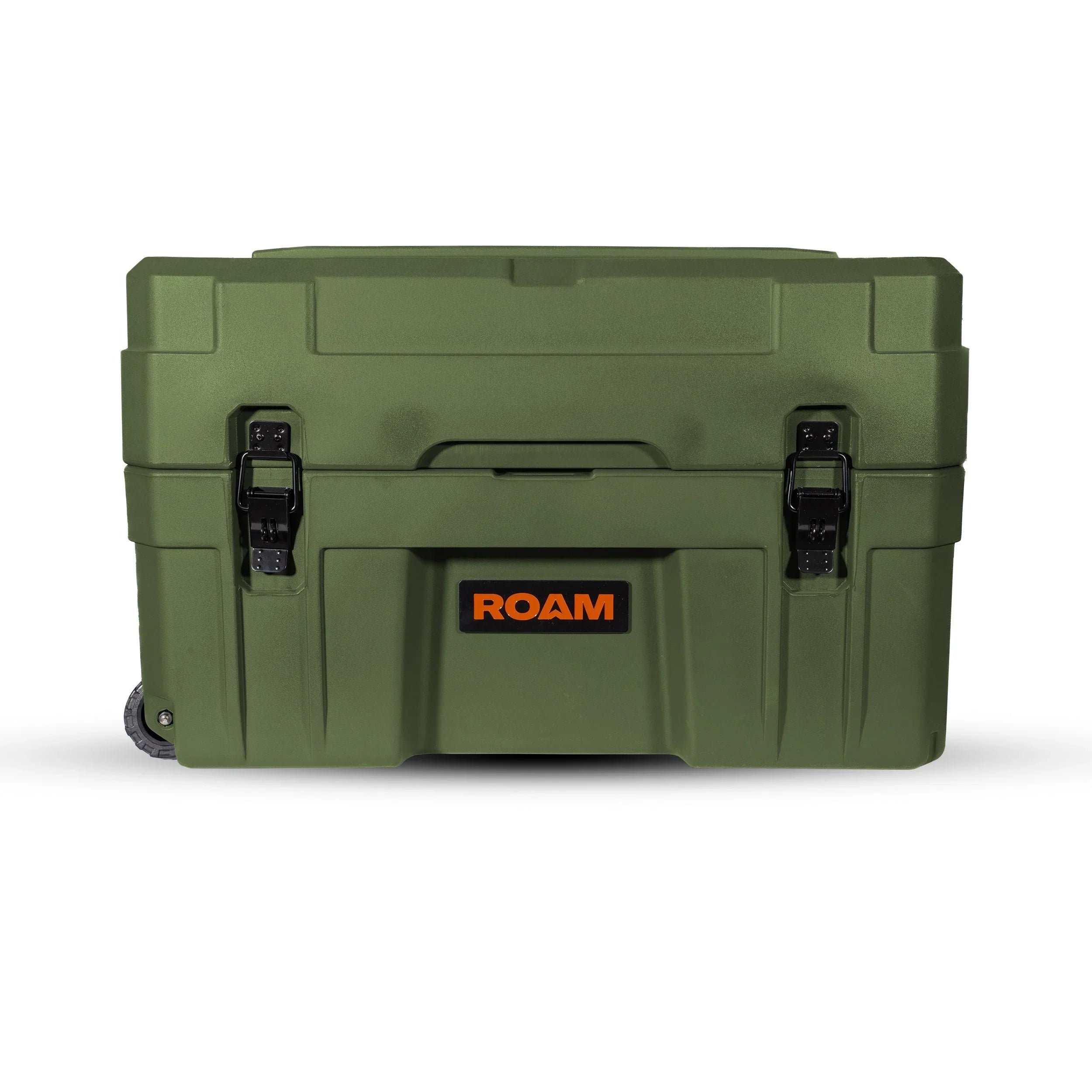 Olive green hard shell storage case with black latches and ROAM logo, suitable for overlanding