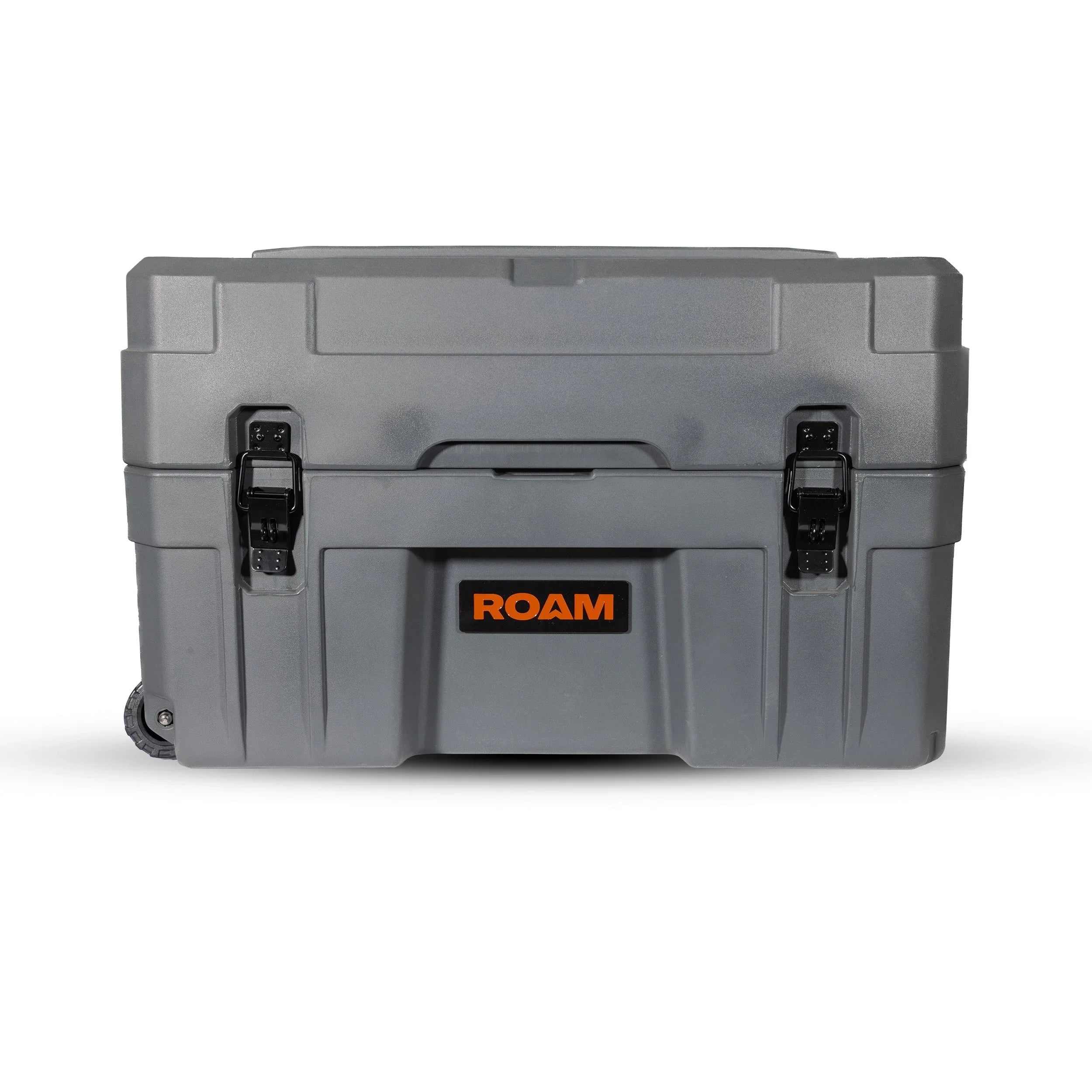 Slate gray hard storage case with black latches and orange ROAM label, ideal for overlanding gear.