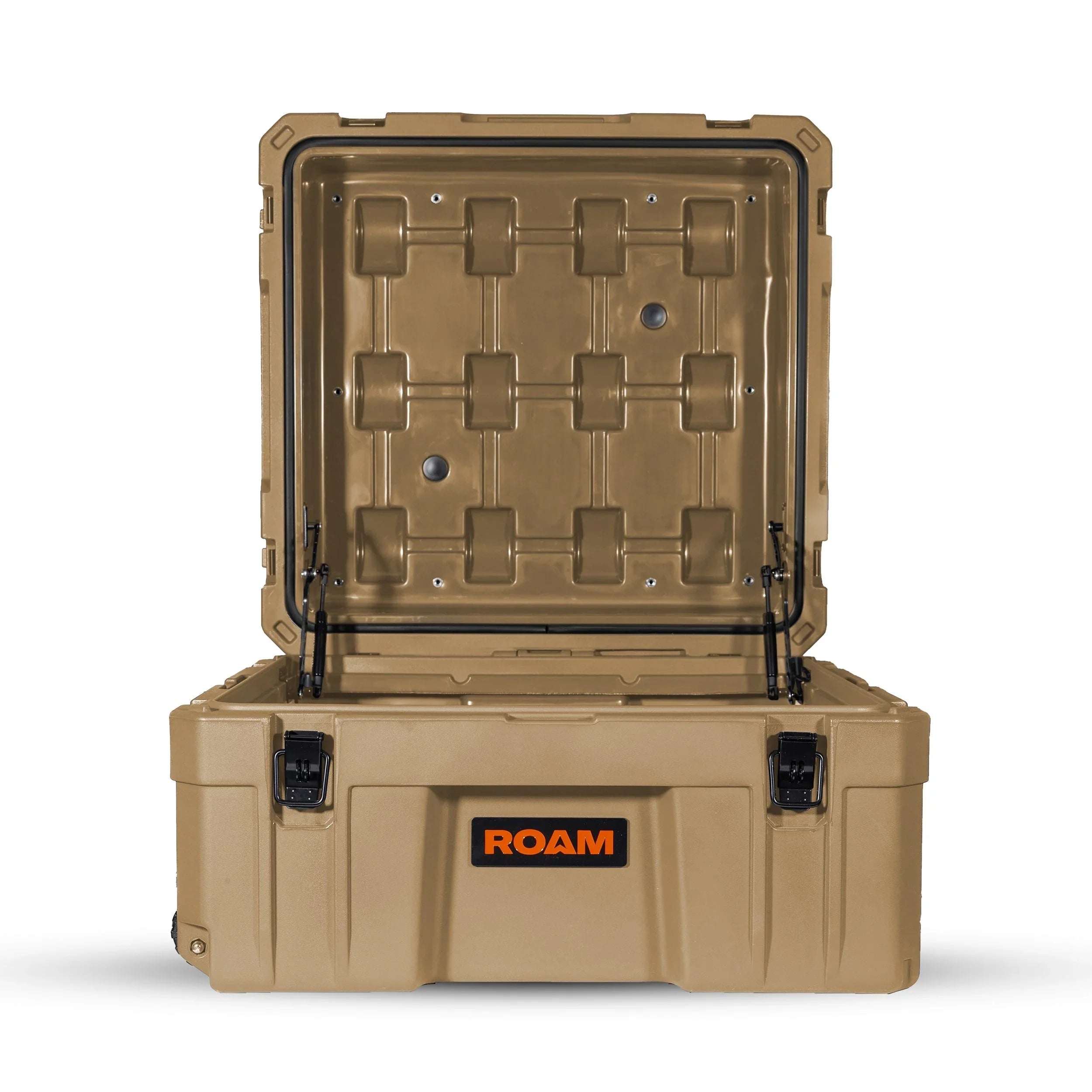 Desert tan heavy-duty storage case with open lid for overlanding and camping gear