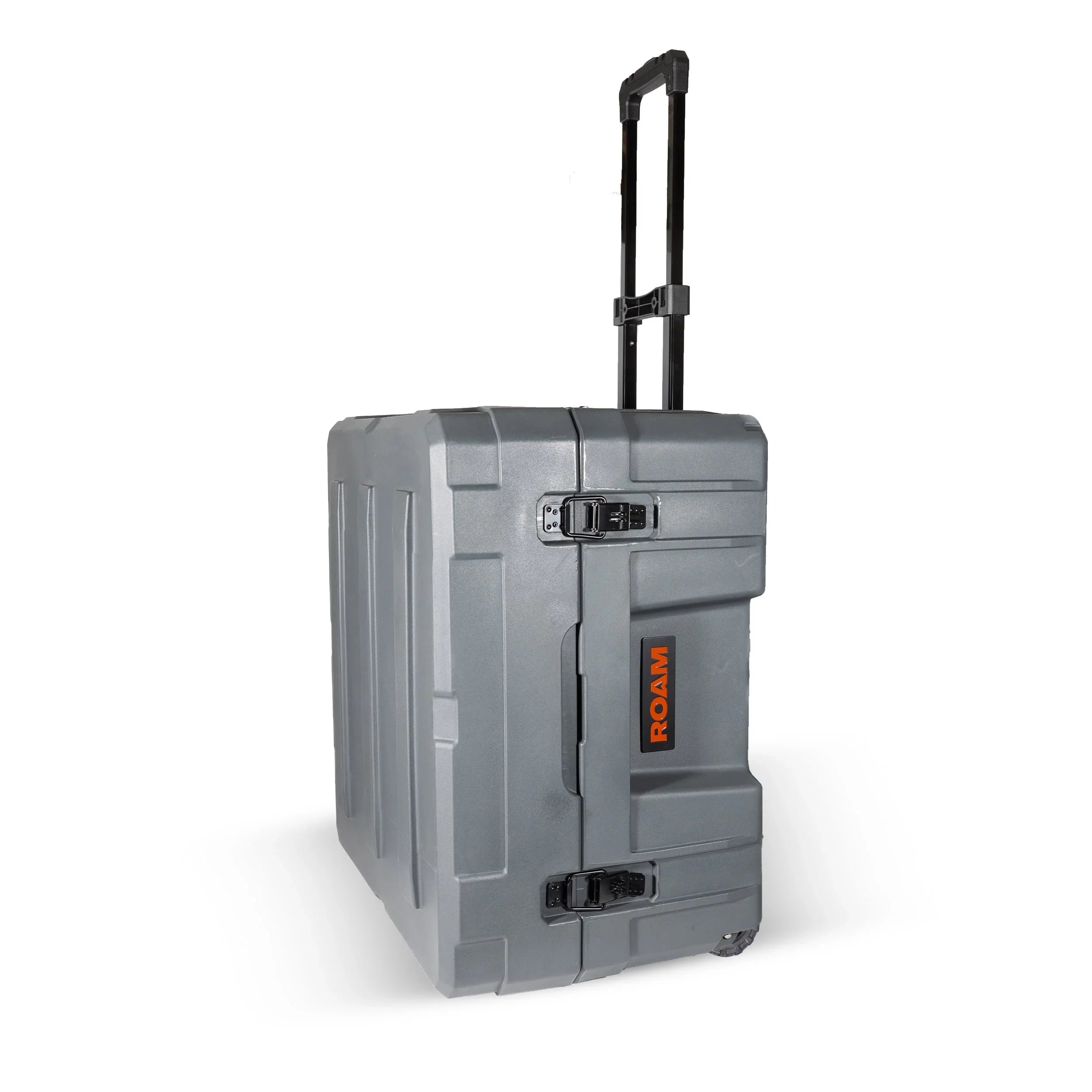 Slate gray hard shell rolling storage case with telescopic handle and durable latches for overlanding gear