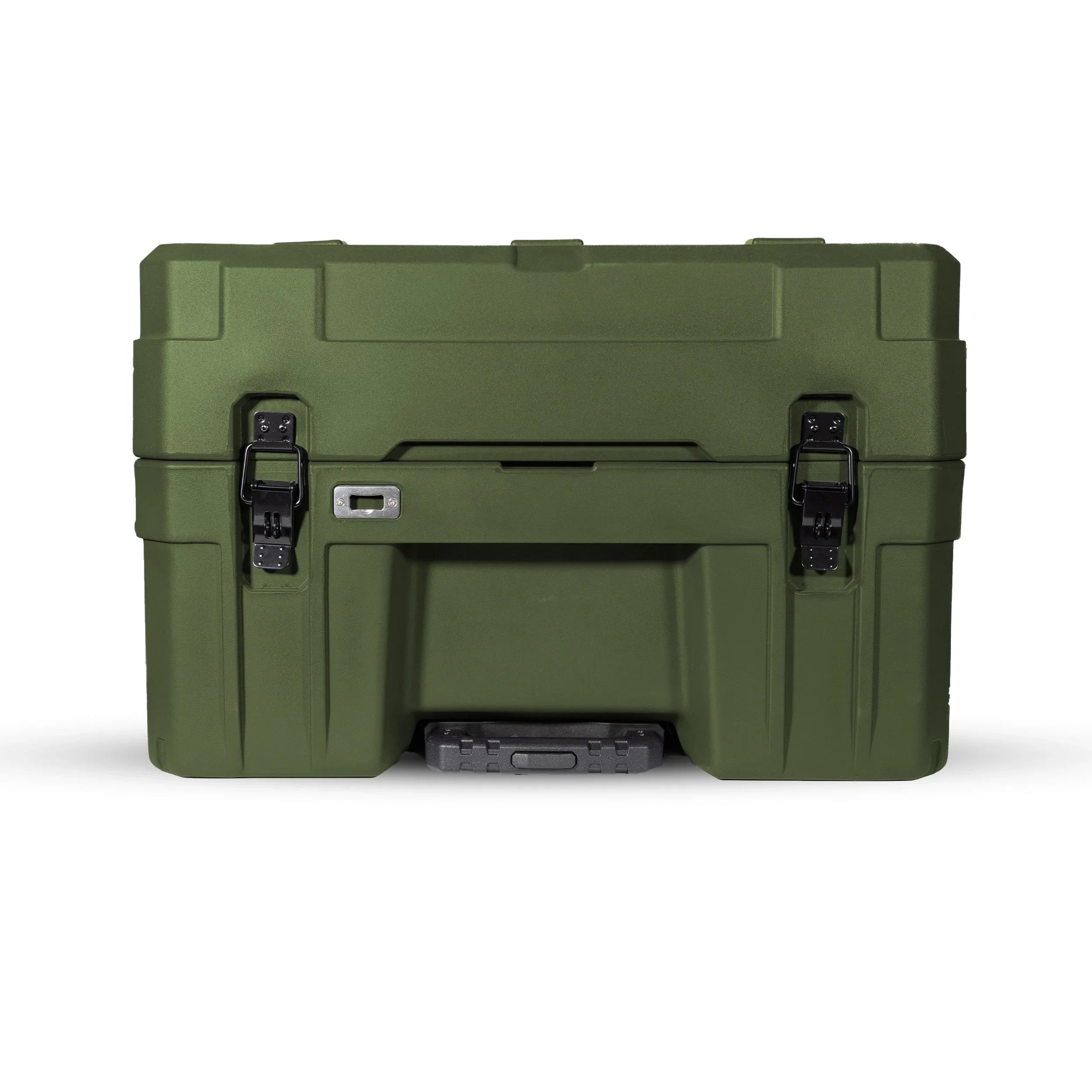 Olive green rugged storage box with side handle and secure latches for overlanding gear