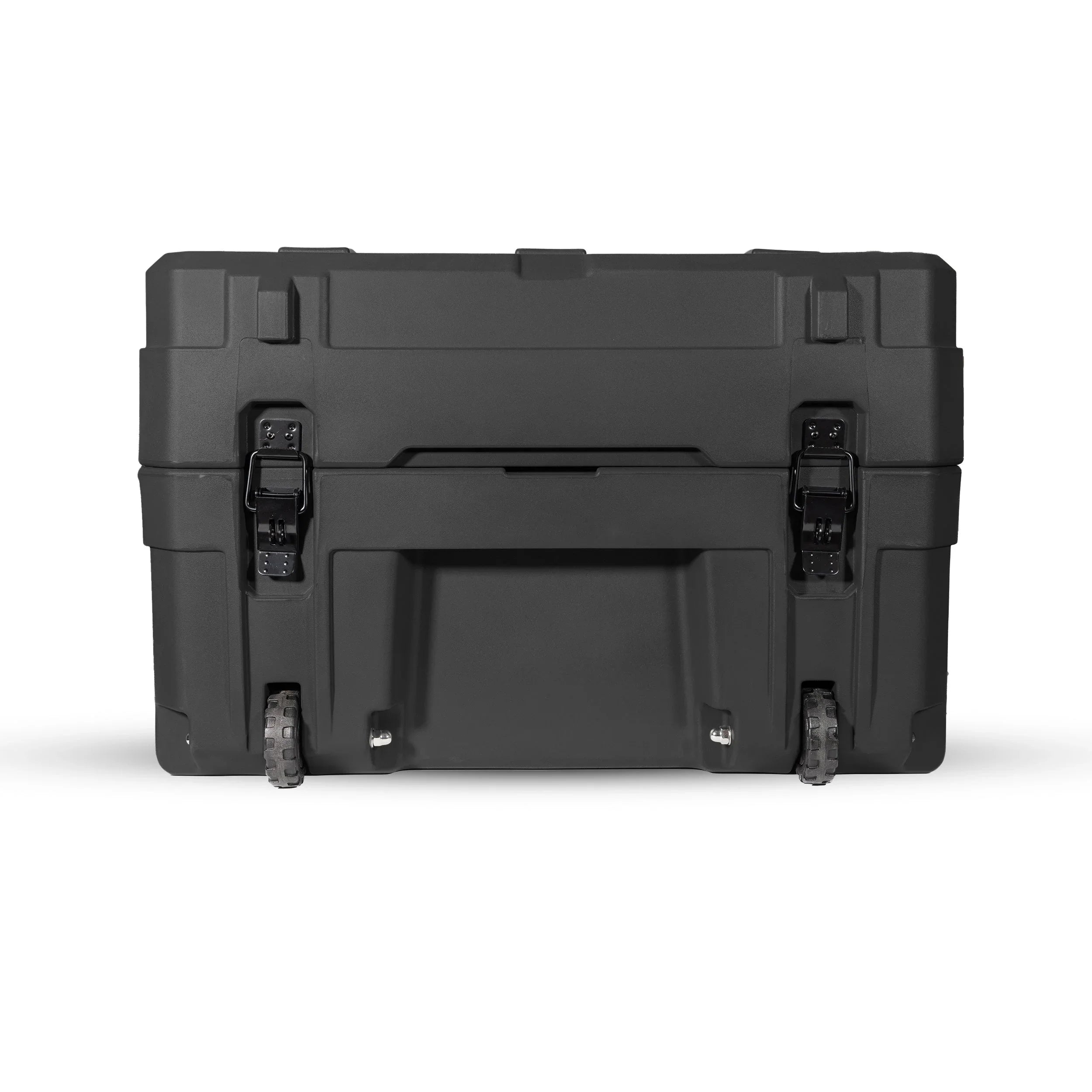 Black rugged storage case with locking latches and wheels for overlanding gear