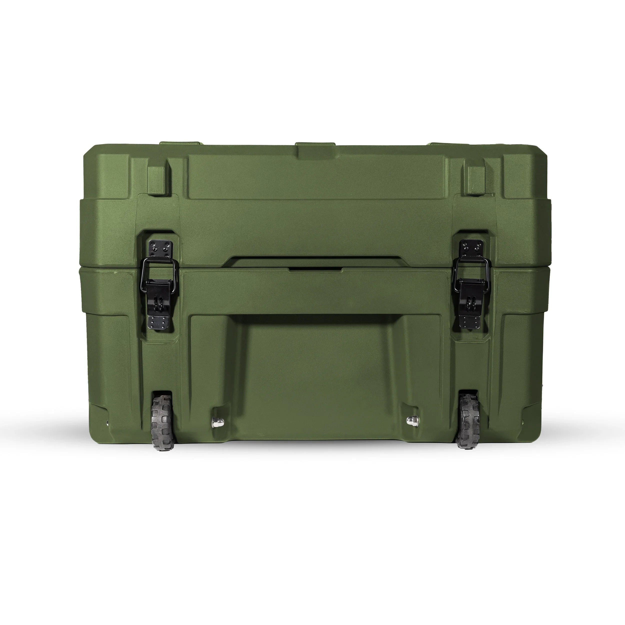 Olive green rugged gear storage case with wheels and secure latches for overlanding vehicles