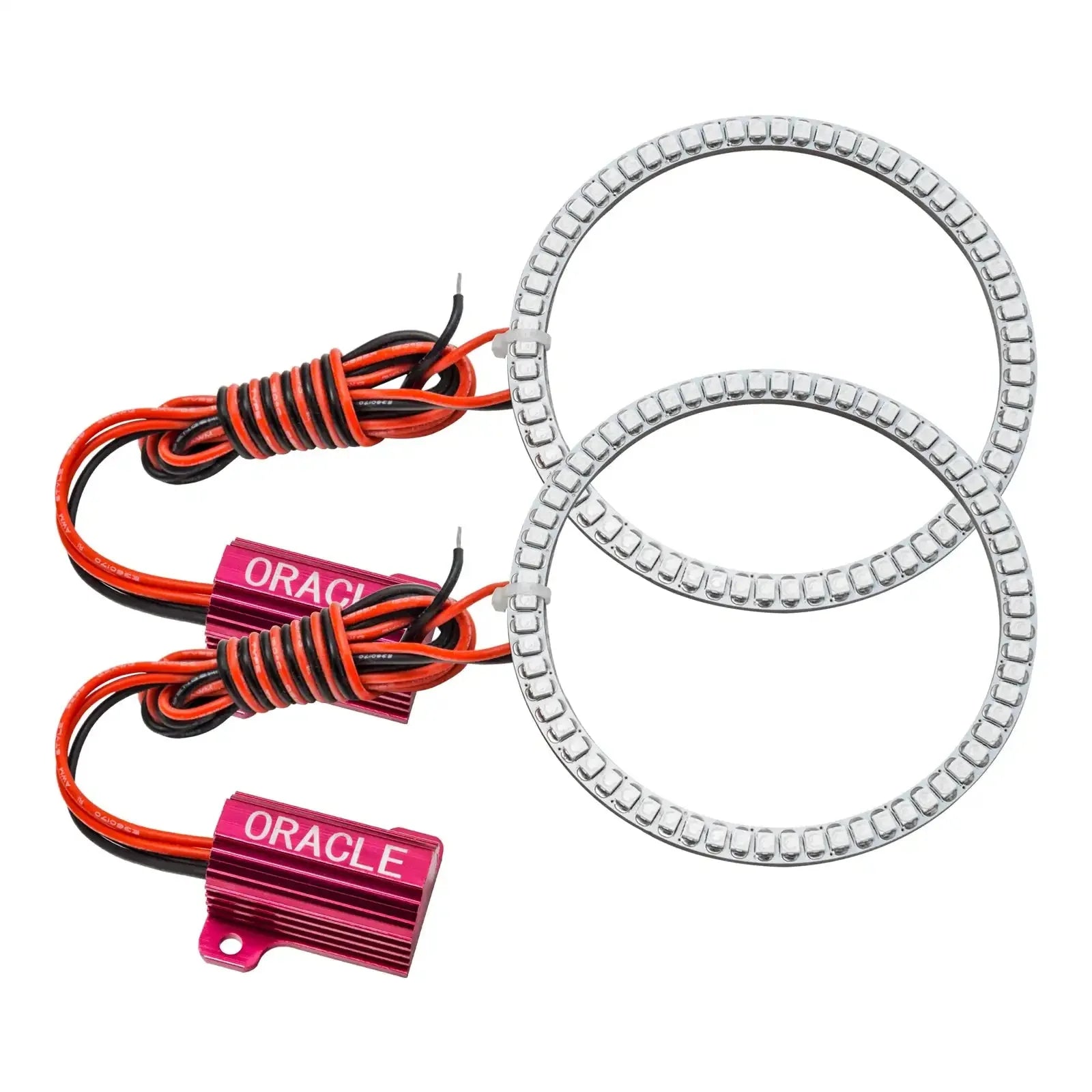 Pair of LED halo headlight rings with wiring and resistors for vehicle lighting upgrade