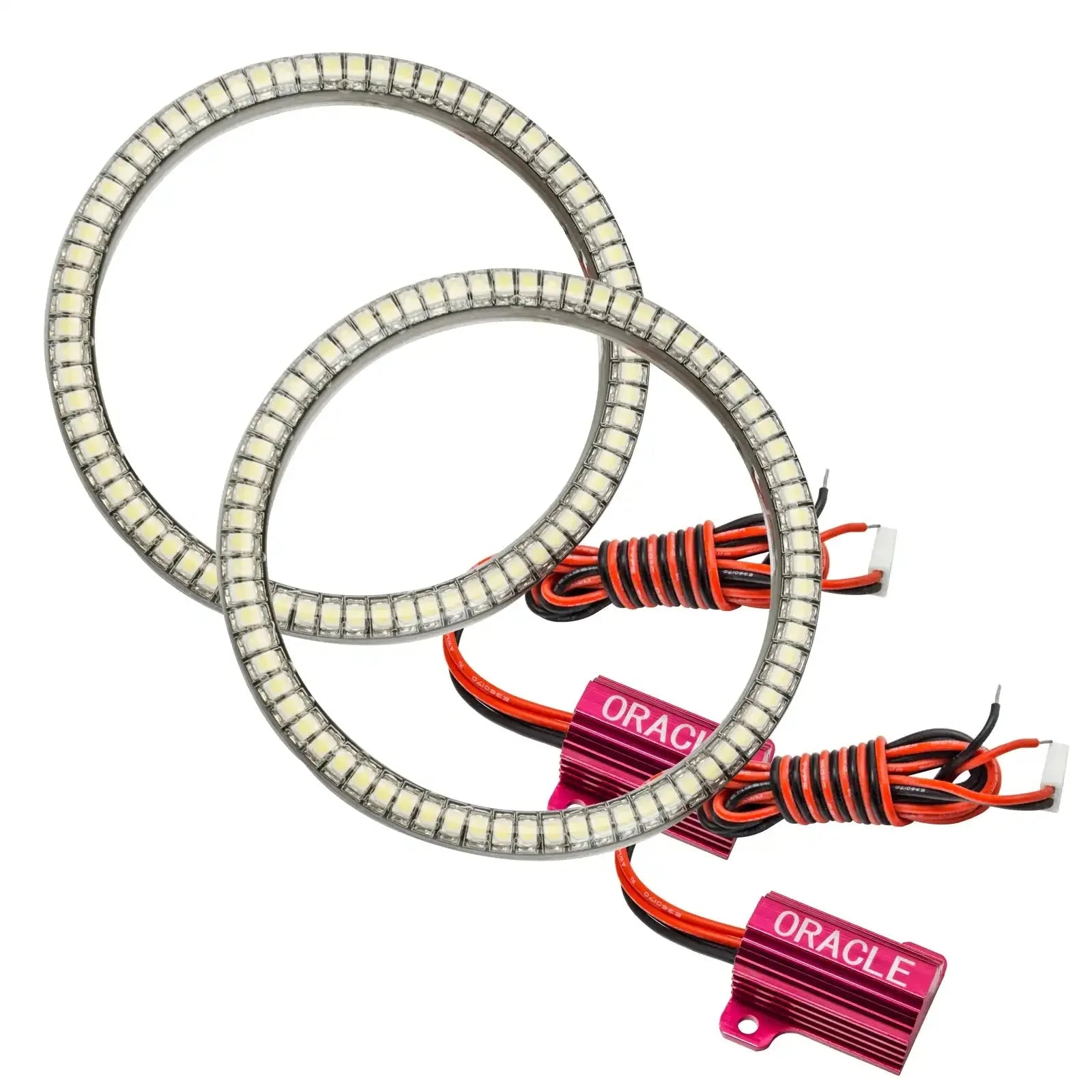 Pair of LED halo rings with wiring and pink modules for vehicle headlights or off-road lighting