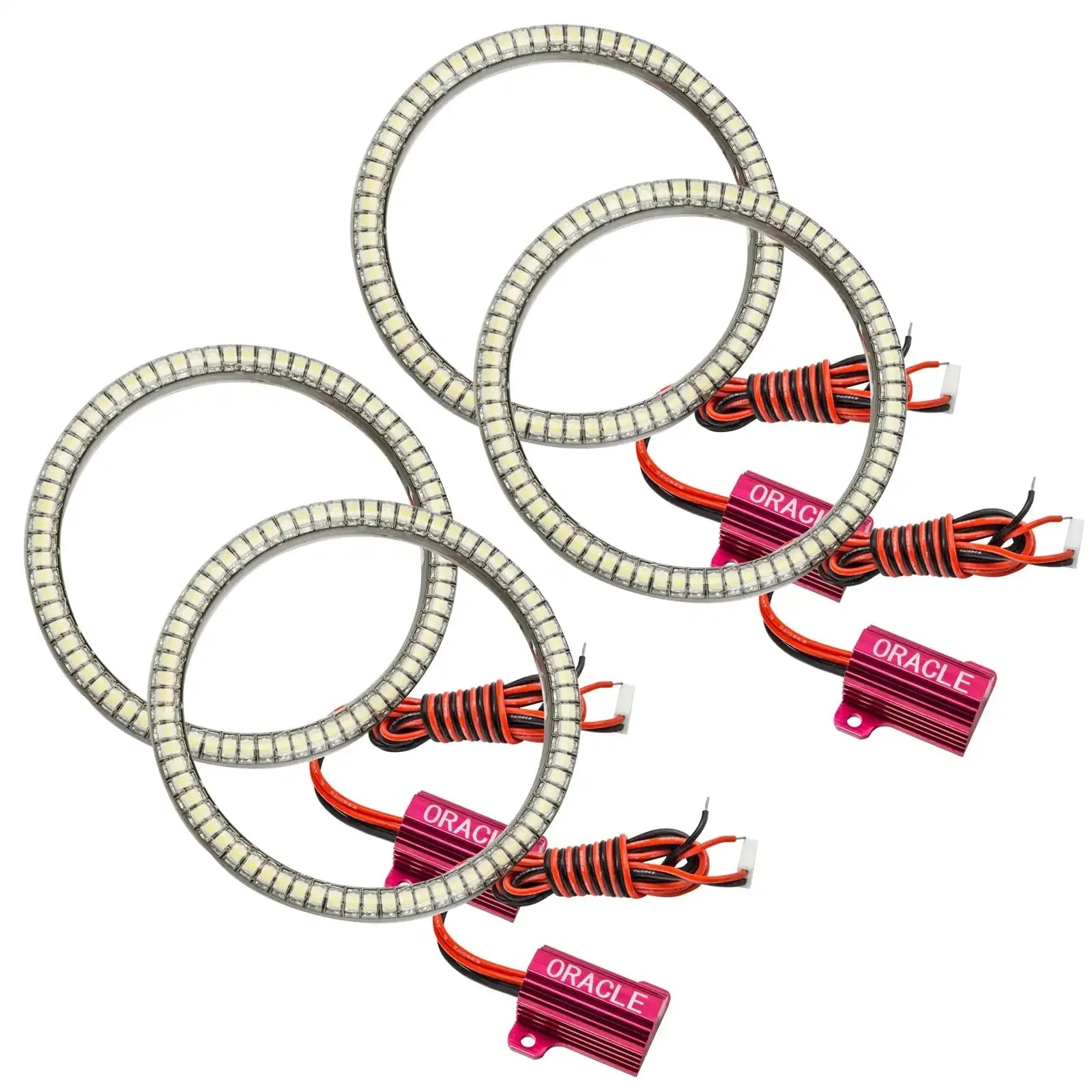 LED halo headlight rings with wiring harnesses for off-road vehicle lighting upgrades