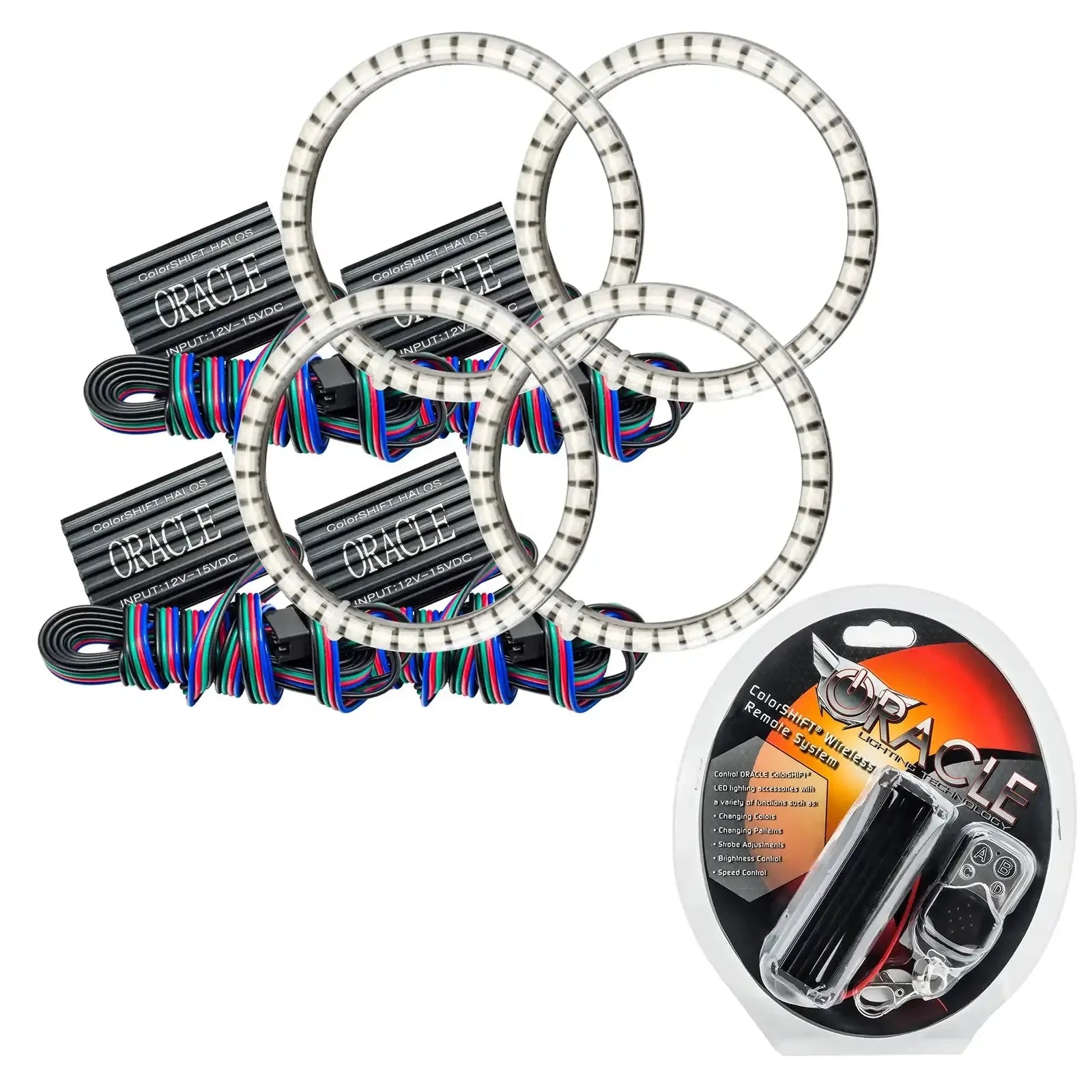 LED color-changing halo ring headlight kit with controllers and remote for off-road vehicles