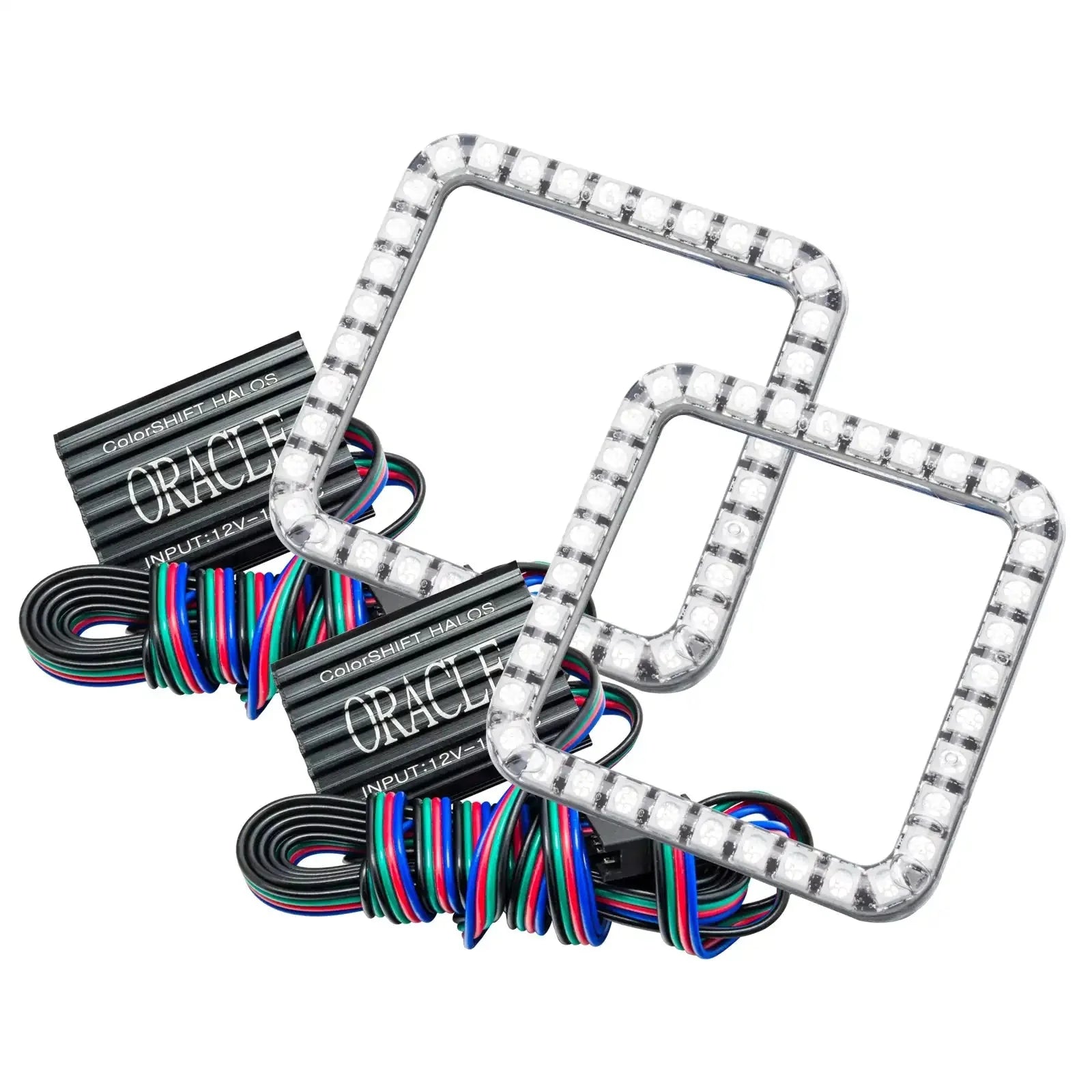 Square LED halo headlight rings with controllers and multicolor wiring for off-road vehicles