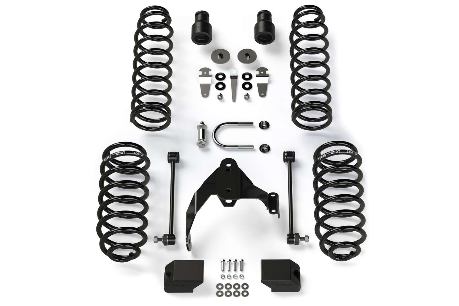 Vehicle suspension lift kit with coil springs, brackets, and hardware for off-road trucks