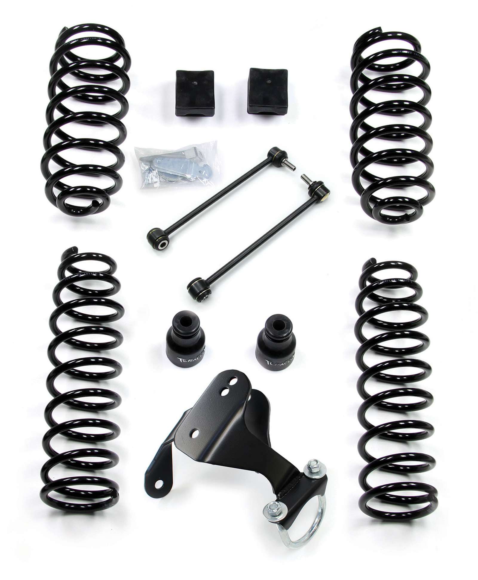Jeep Wrangler suspension lift kit with coil springs, sway bar links, brackets, and hardware