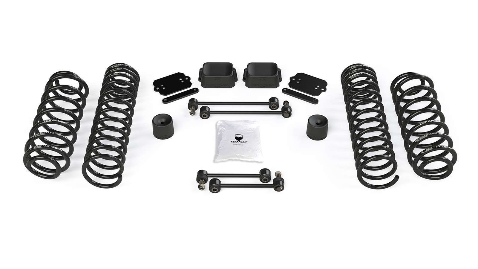 Jeep Wrangler lift kit with coil springs, bump stops, sway bar links, mounting hardware