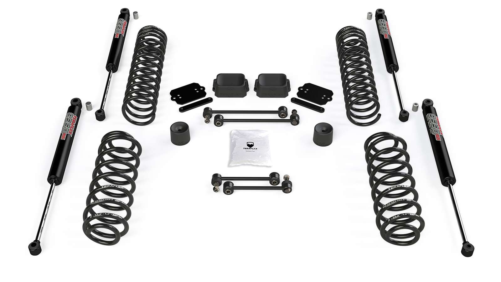 Jeep Wrangler suspension lift kit with springs, shocks, spacers, and hardware for off-road upgrade