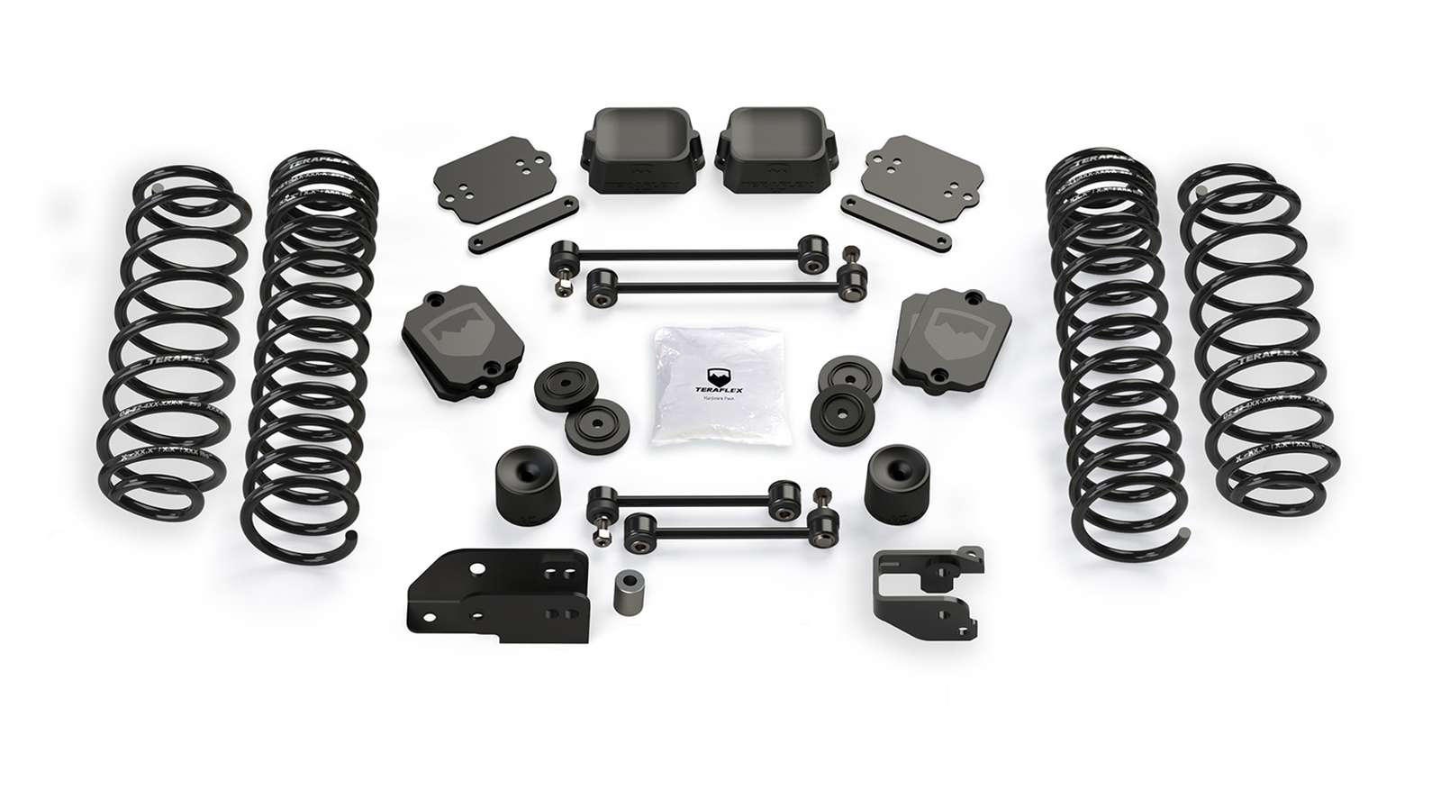 Jeep Wrangler suspension lift kit with coil springs, brackets, spacers, and hardware for off-road upgrade.